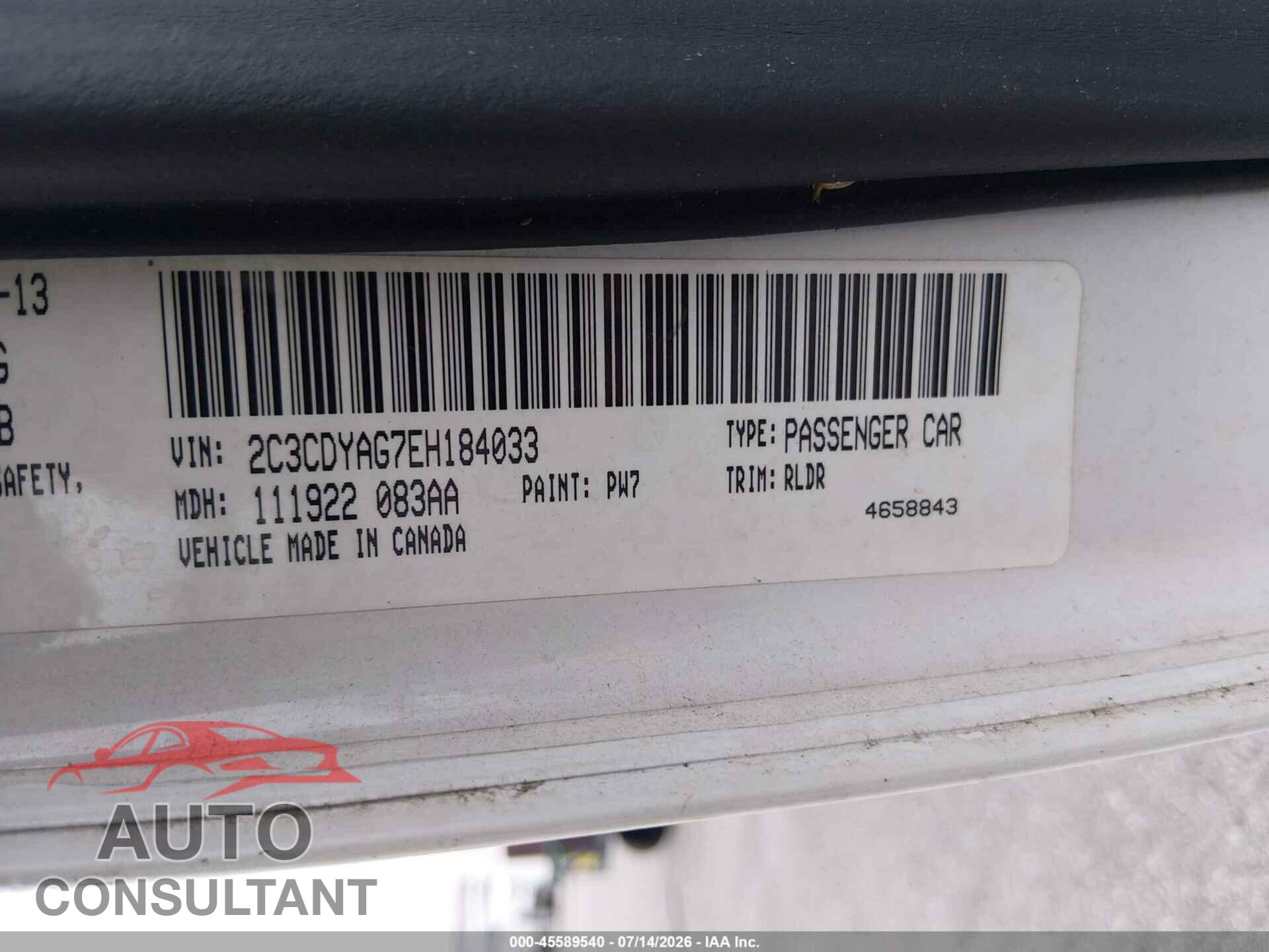 DODGE CHALLENGER 2014 - 2C3CDYAG7EH184033