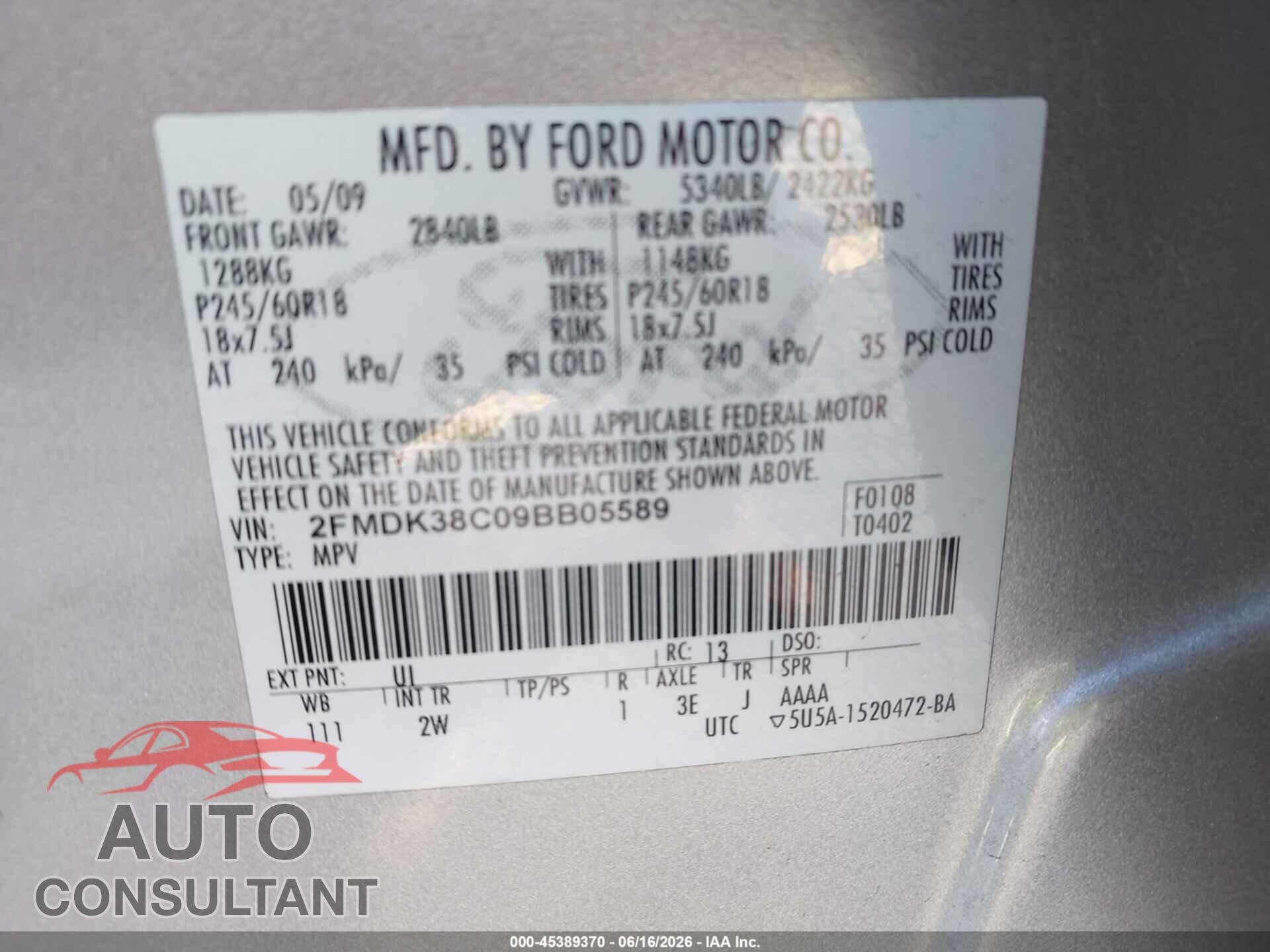 FORD EDGE 2009 - 2FMDK38C09BB05589