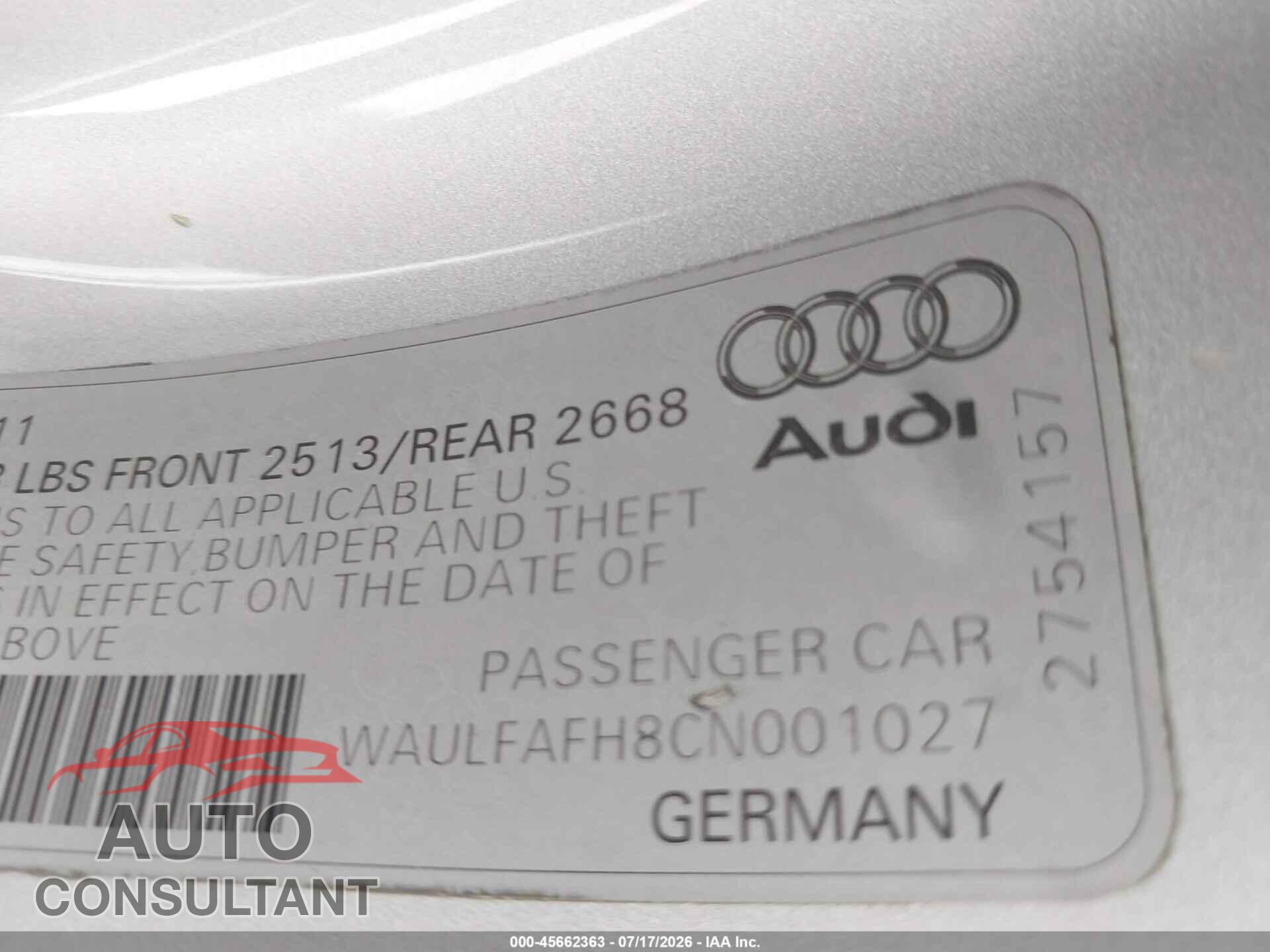 AUDI A5 2012 - WAULFAFH8CN001027