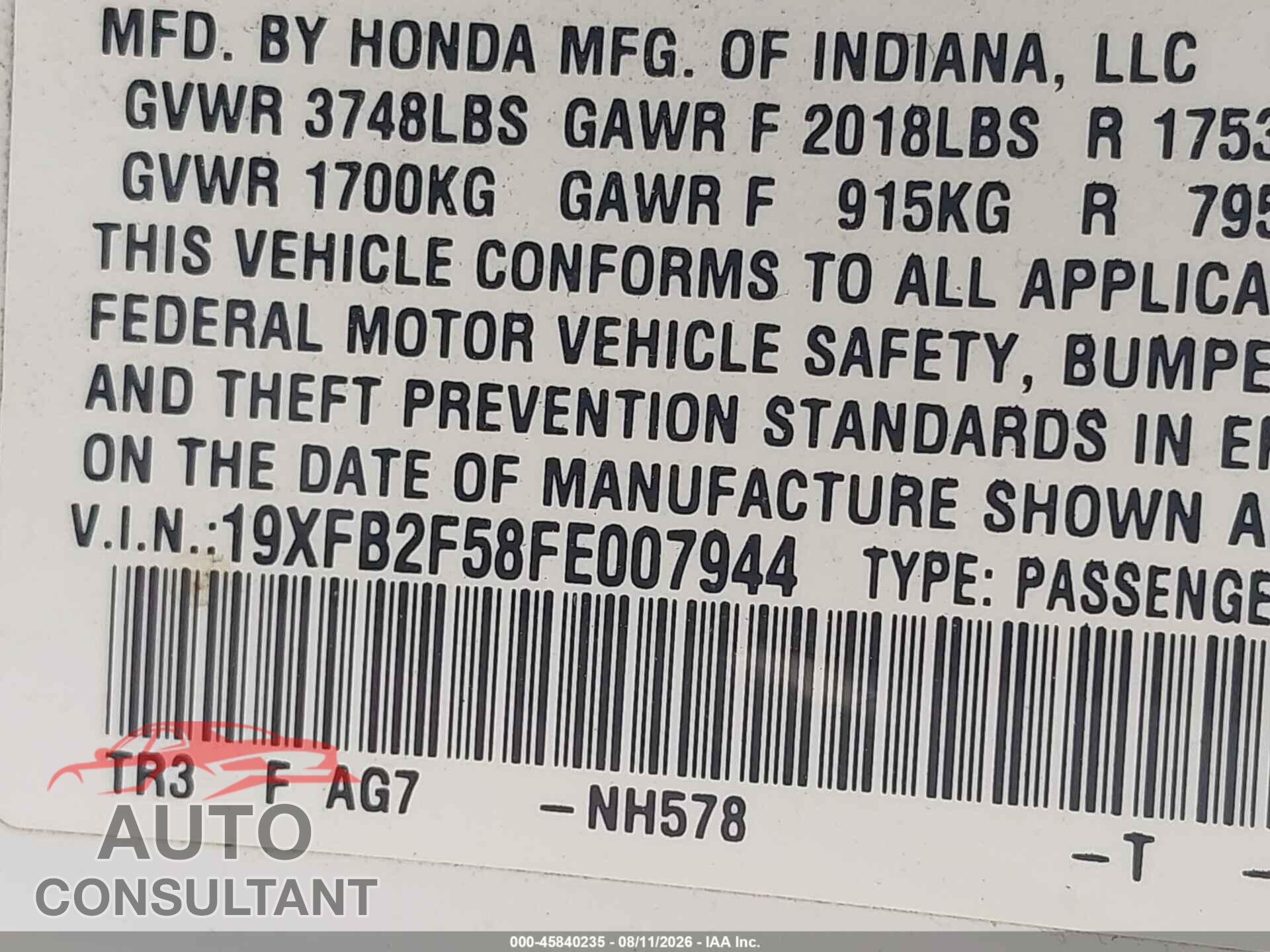 HONDA CIVIC 2015 - 19XFB2F58FE007944