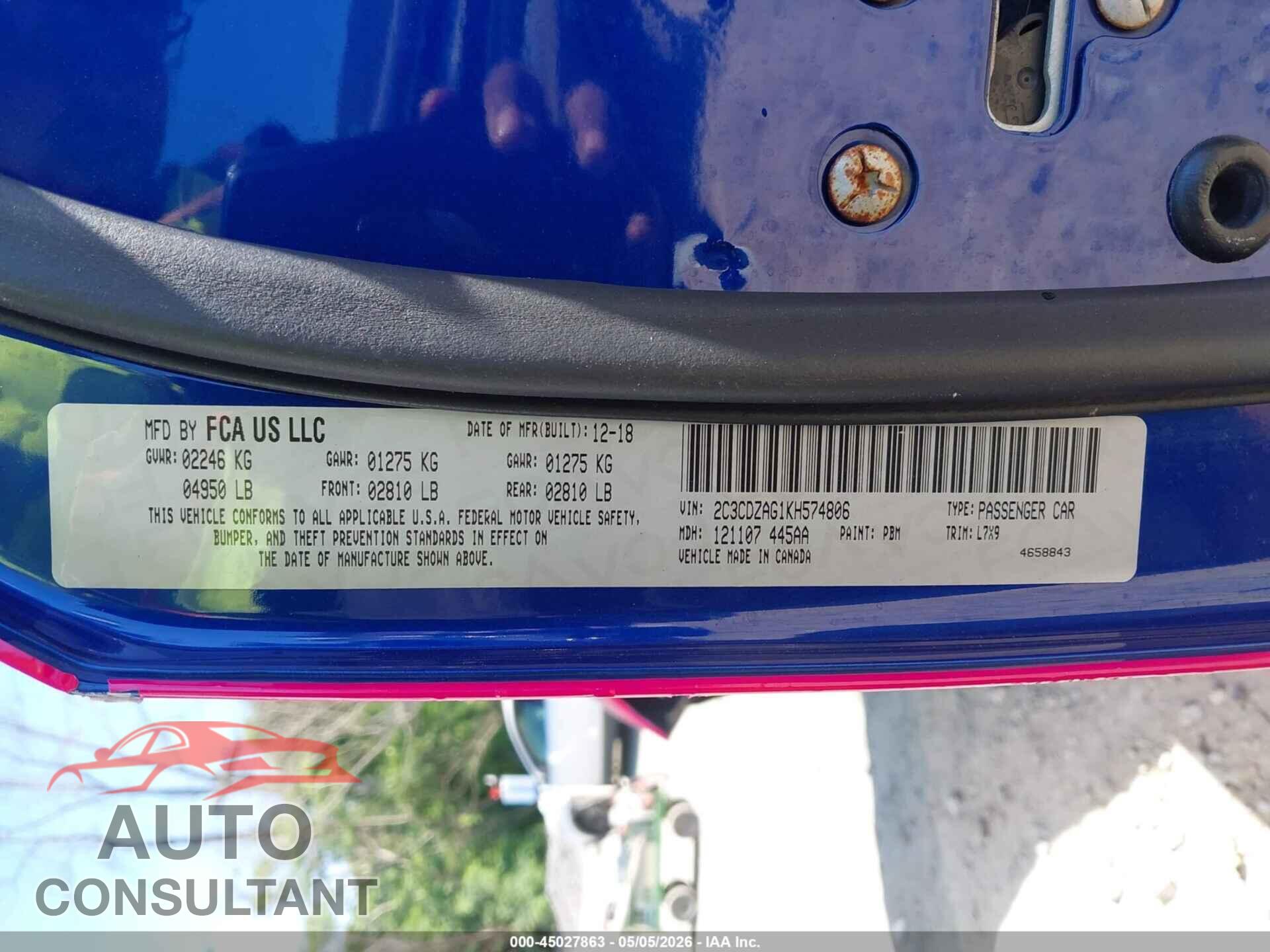 DODGE CHALLENGER 2019 - 2C3CDZAG1KH574806