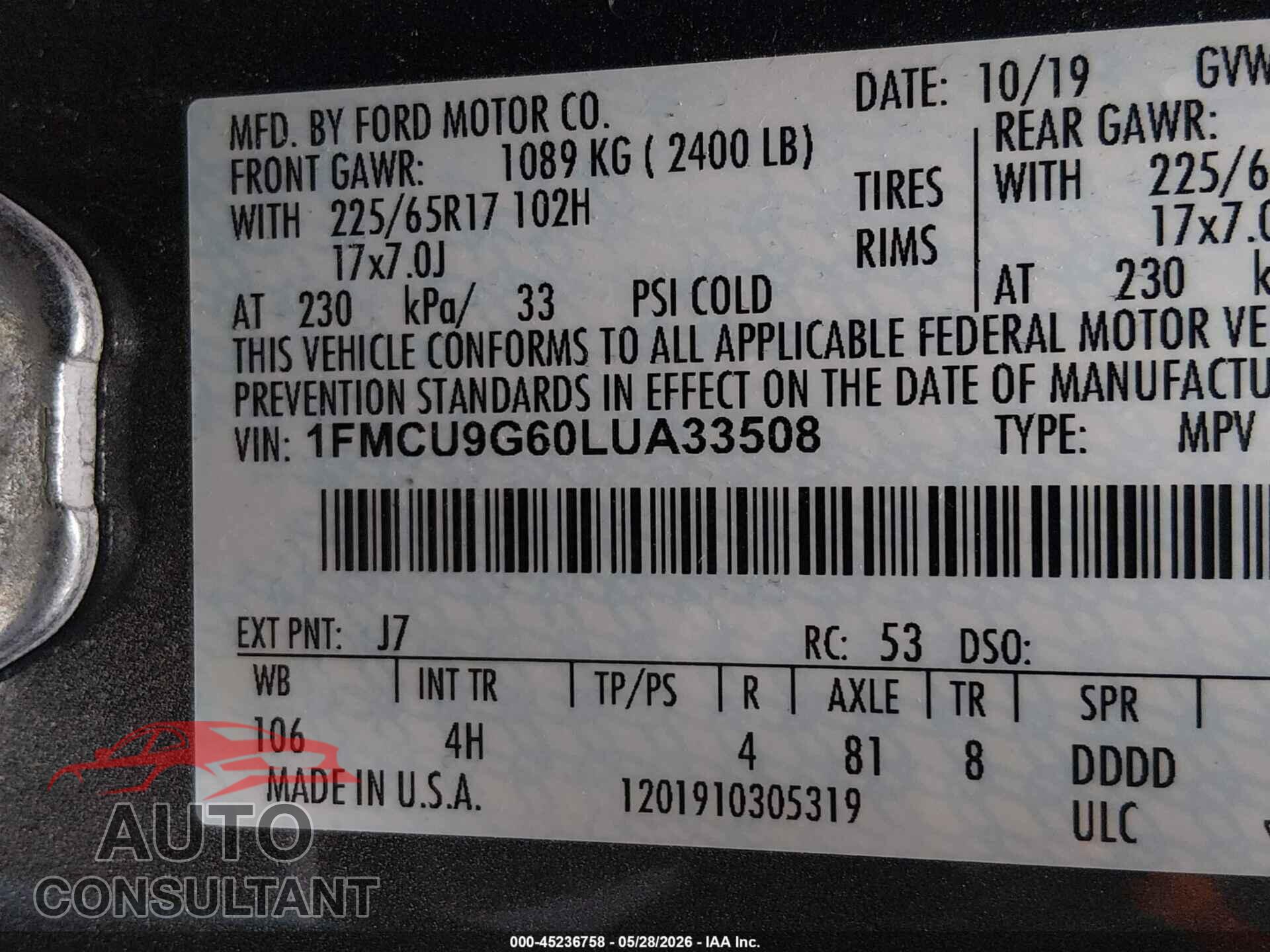 FORD ESCAPE 2020 - 1FMCU9G60LUA33508