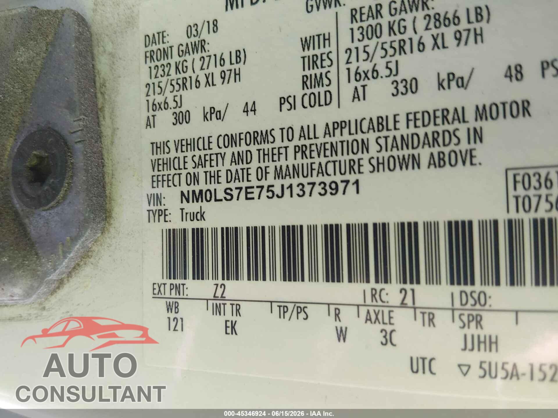 FORD TRANSIT CONNECT 2018 - NM0LS7E75J1373971