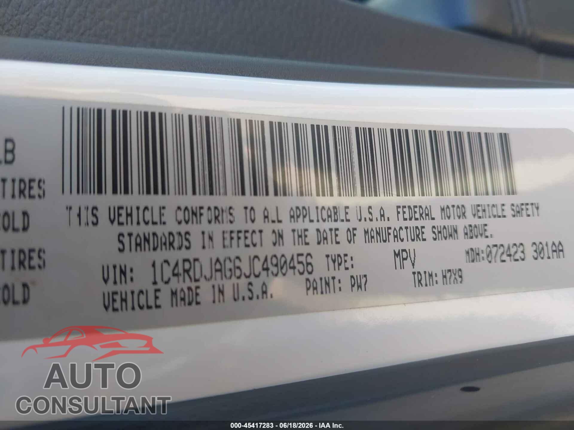 DODGE DURANGO 2018 - 1C4RDJAG6JC490456