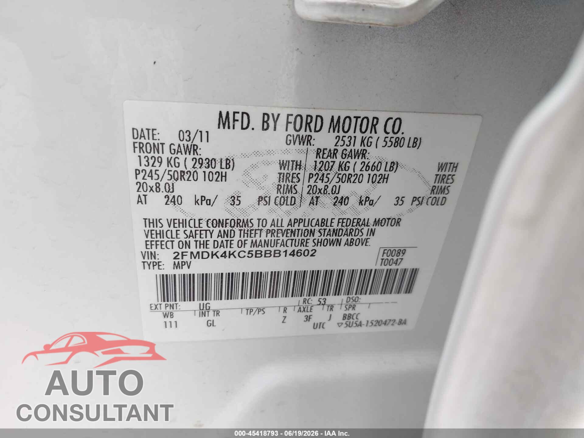 FORD EDGE 2011 - 2FMDK4KC5BBB14602