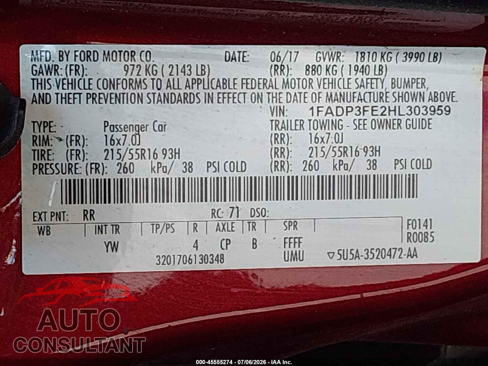 FORD FOCUS 2017 - 1FADP3FE2HL303959