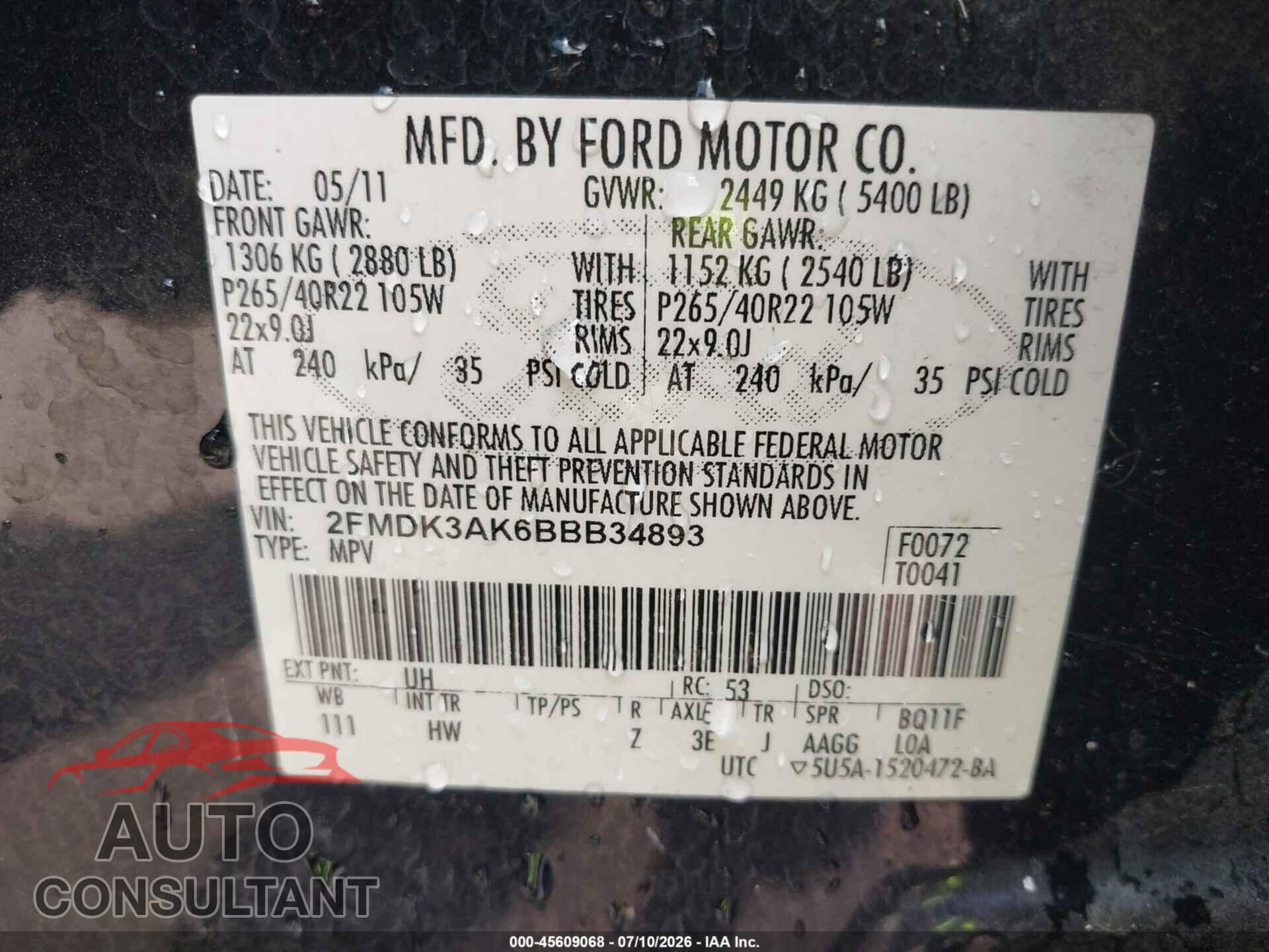 FORD EDGE 2011 - 2FMDK3AK6BBB34893