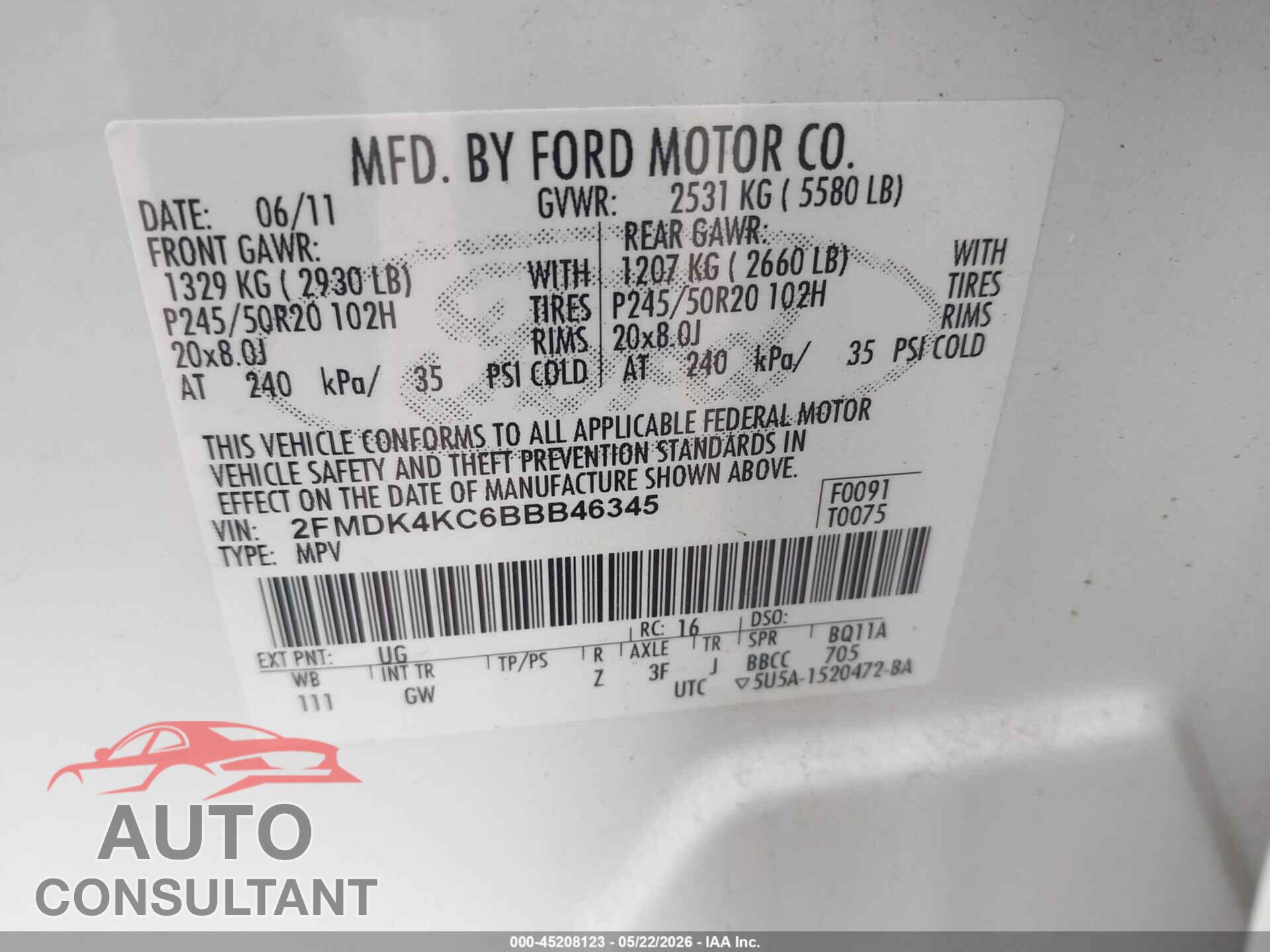 FORD EDGE 2011 - 2FMDK4KC6BBB46345
