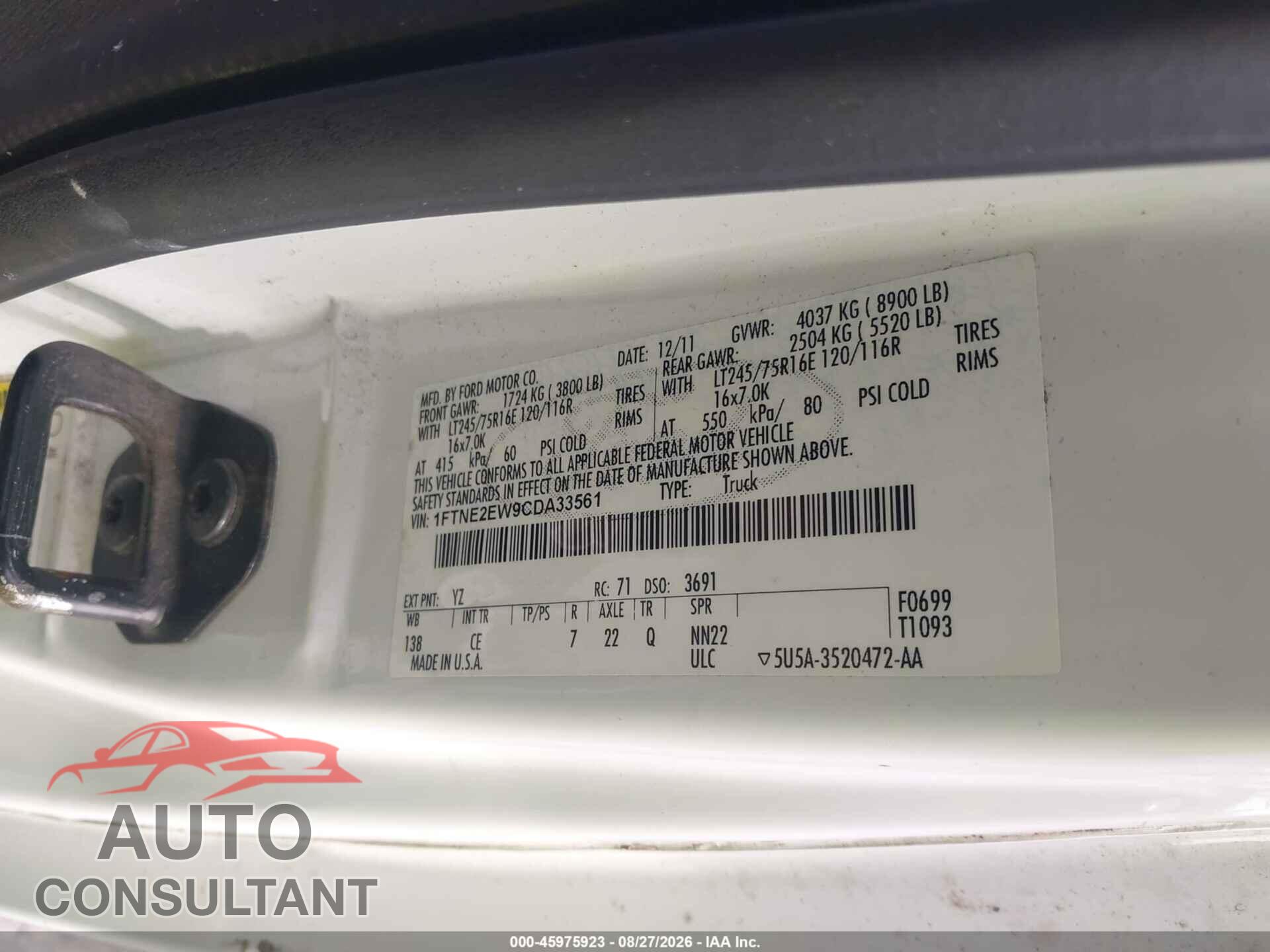 FORD E-250 2012 - 1FTNE2EW9CDA33561