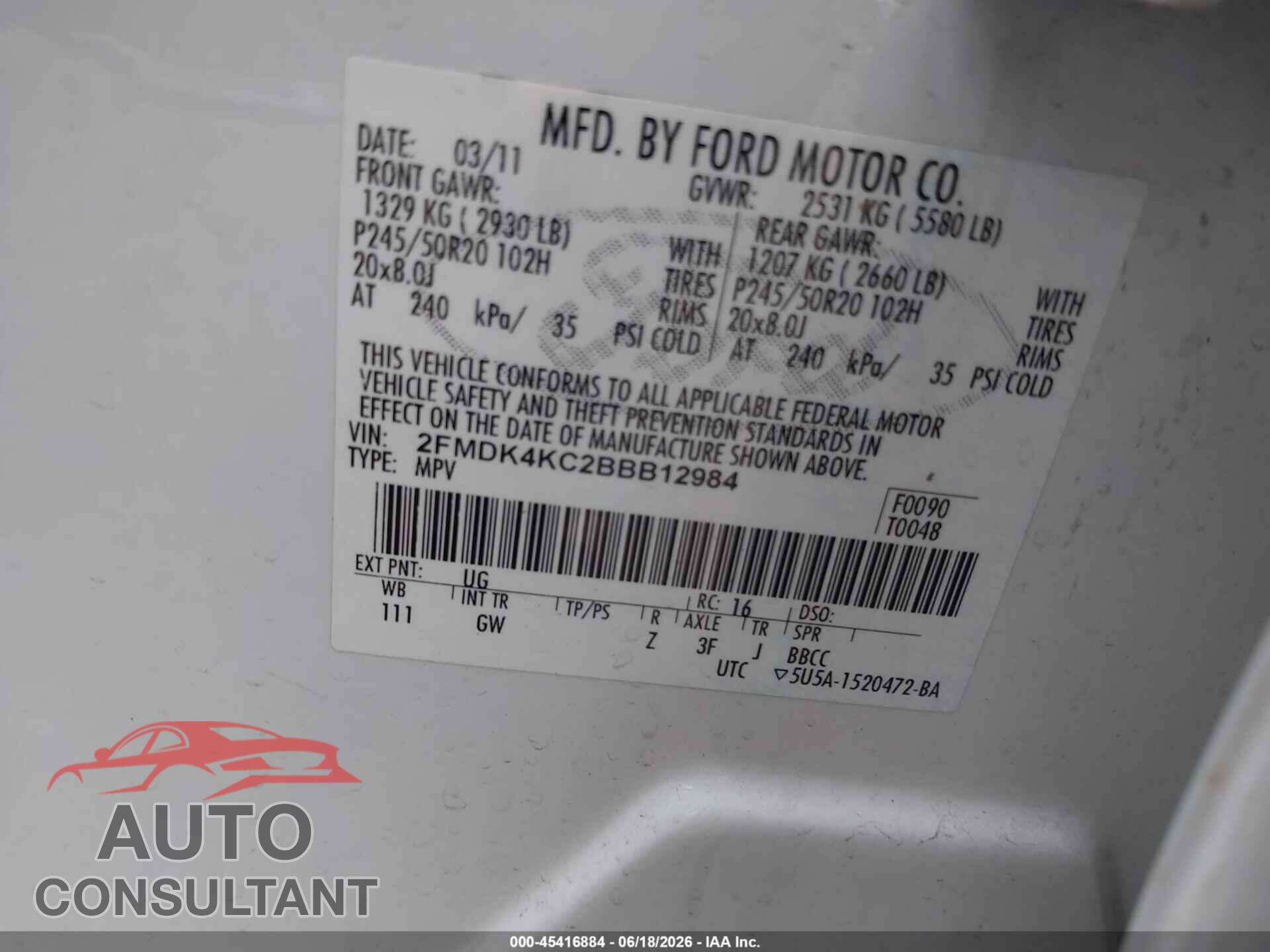 FORD EDGE 2011 - 2FMDK4KC2BBB12984