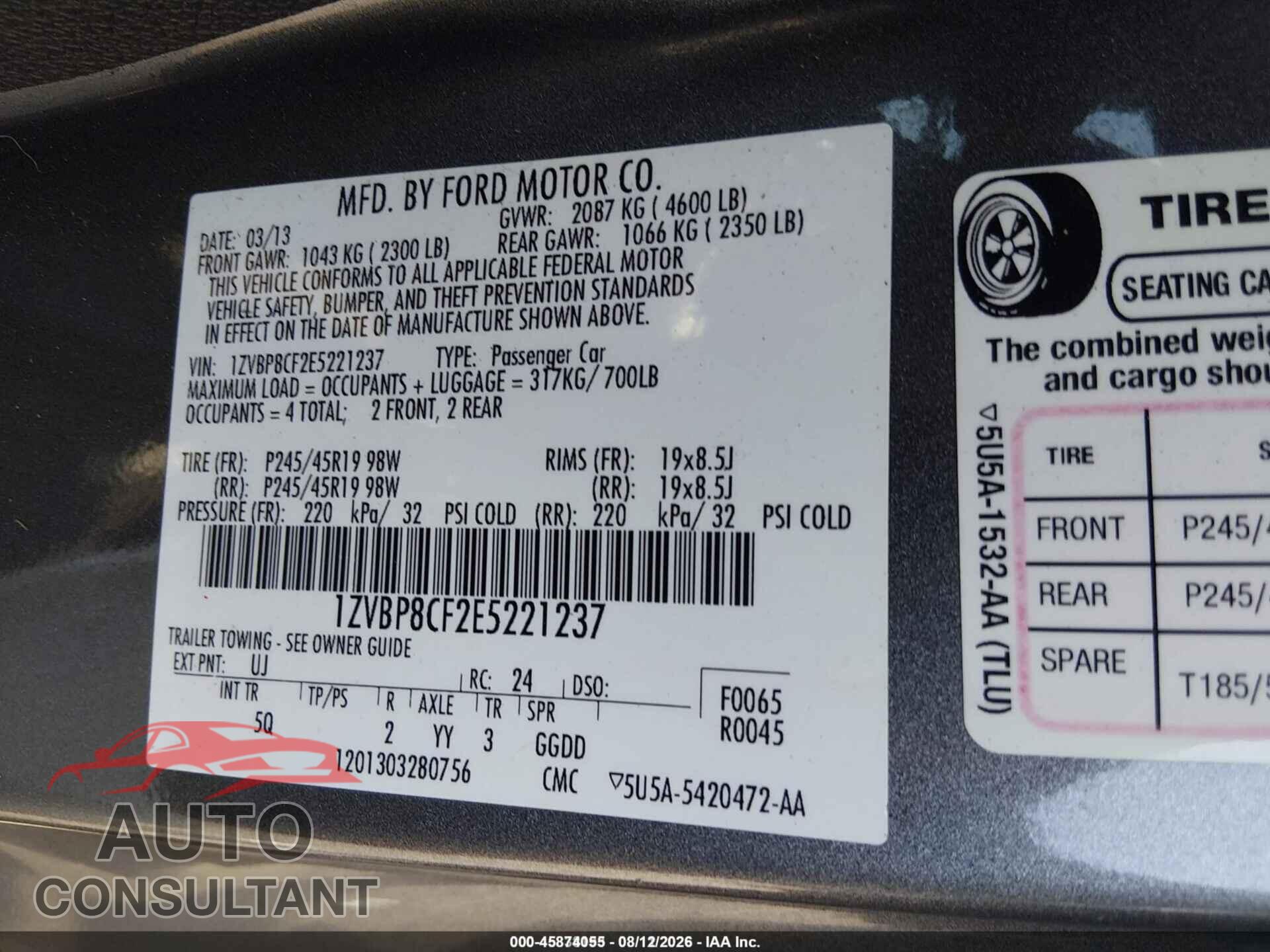 FORD MUSTANG 2014 - 1ZVBP8CF2E5221237