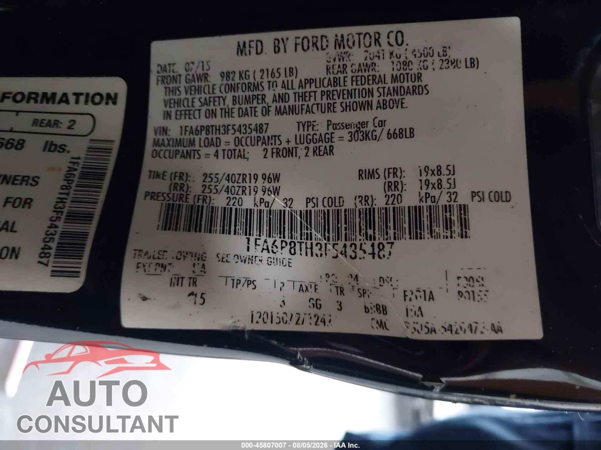 FORD MUSTANG 2015 - 1FA6P8TH3F5435487