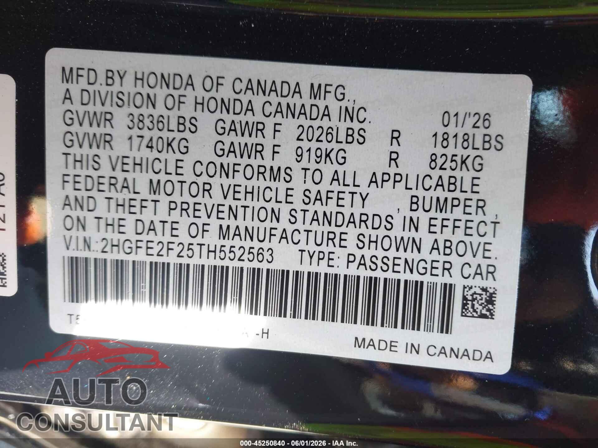 HONDA CIVIC 2026 - 2HGFE2F25TH552563