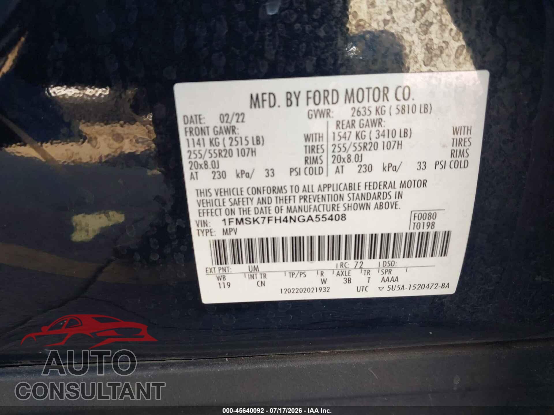 FORD EXPLORER 2022 - 1FMSK7FH4NGA55408
