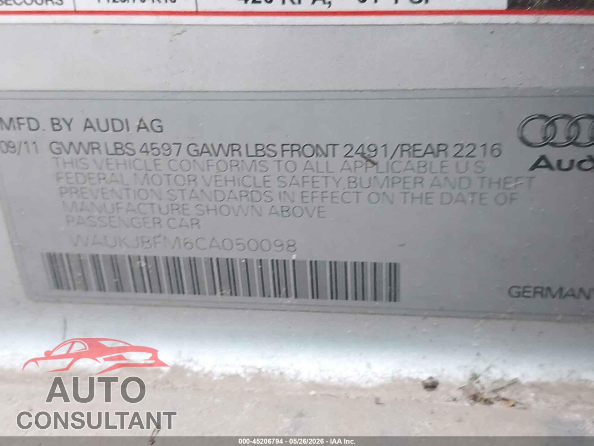 AUDI A3 2012 - WAUKJBFM6CA050098