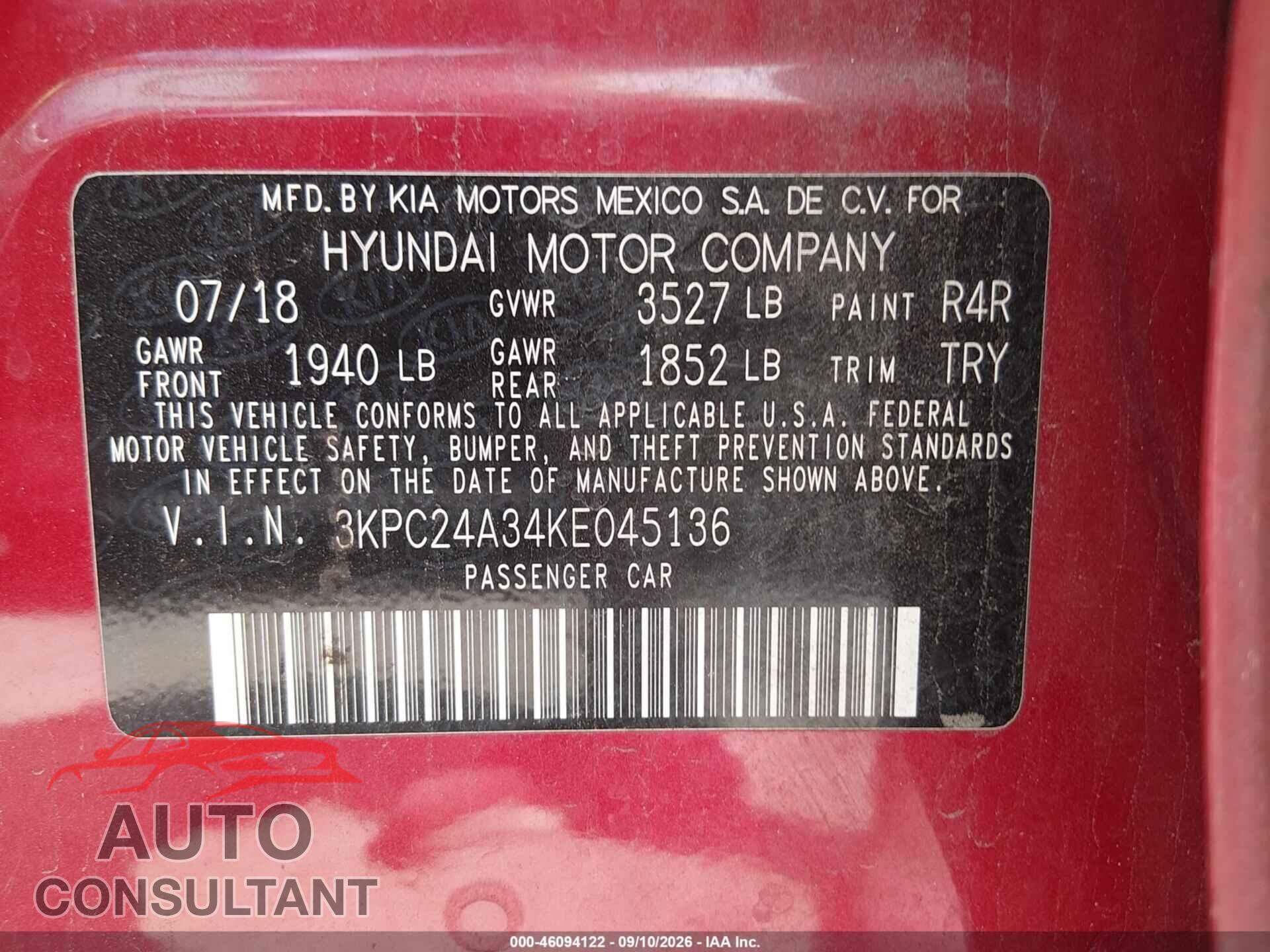 HYUNDAI ACCENT 2019 - 3KPC24A34KE045136