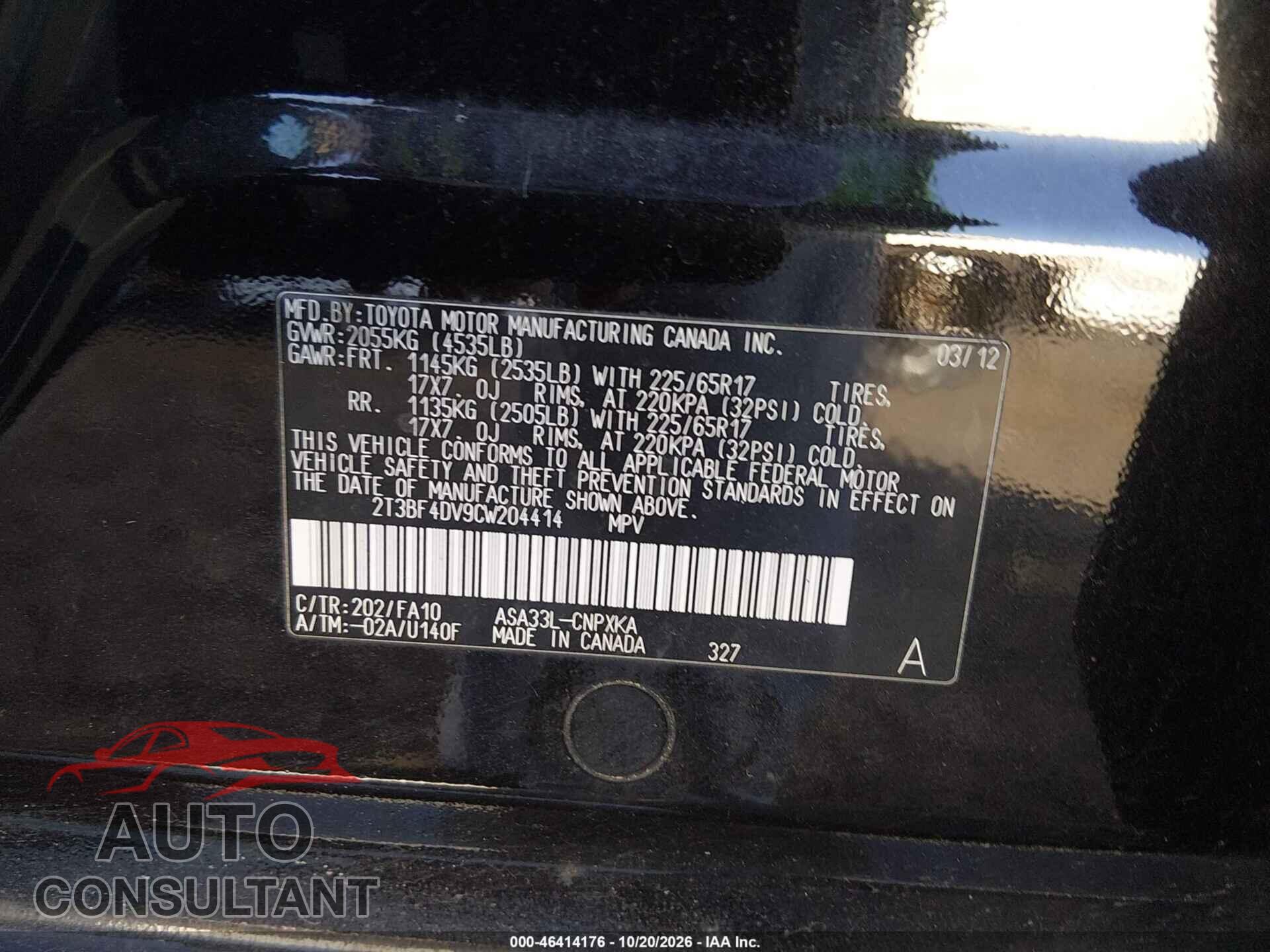 TOYOTA RAV4 2012 - 2T3BF4DV9CW204414