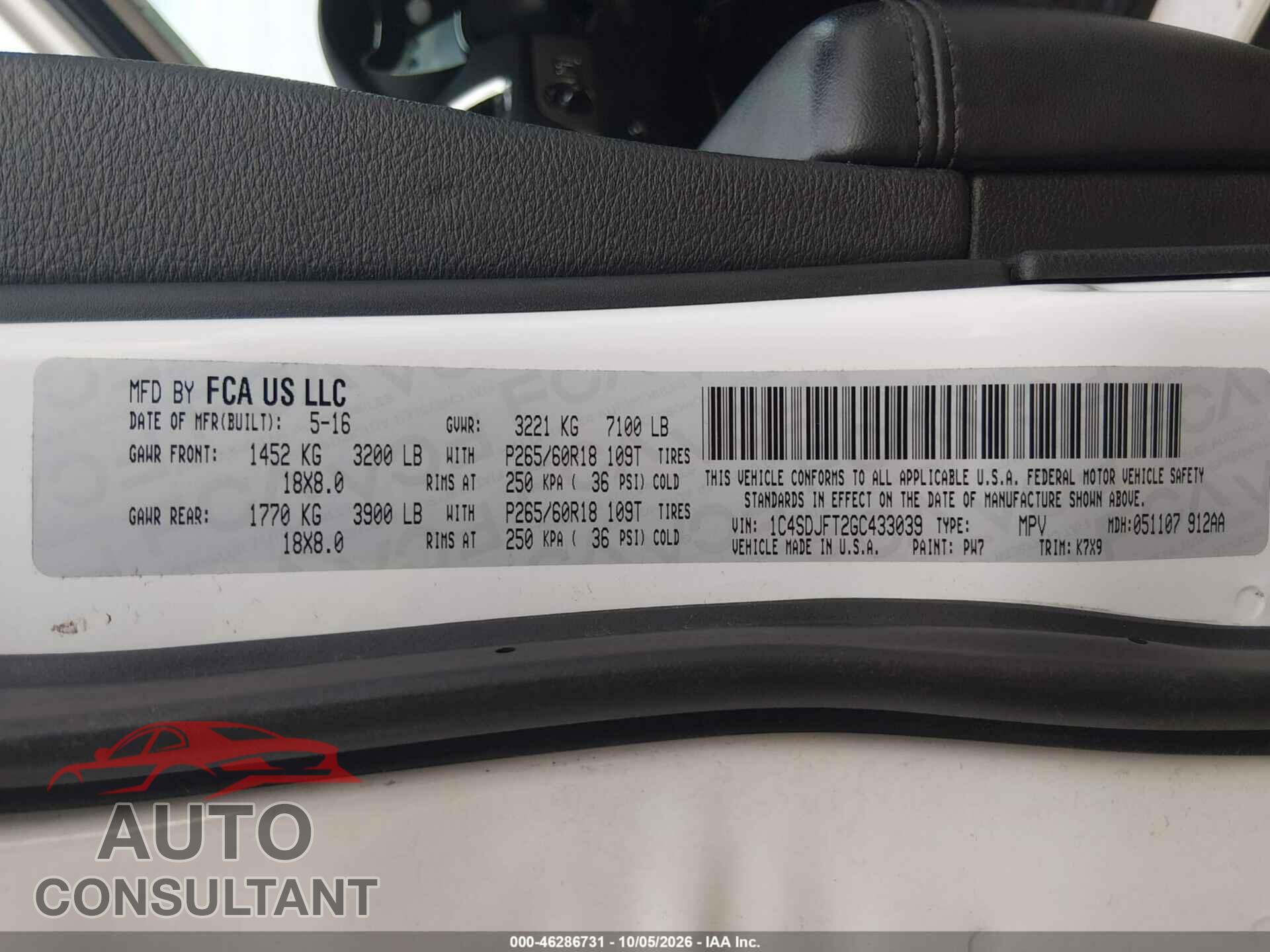 DODGE DURANGO 2016 - 1C4SDJFT2GC433039