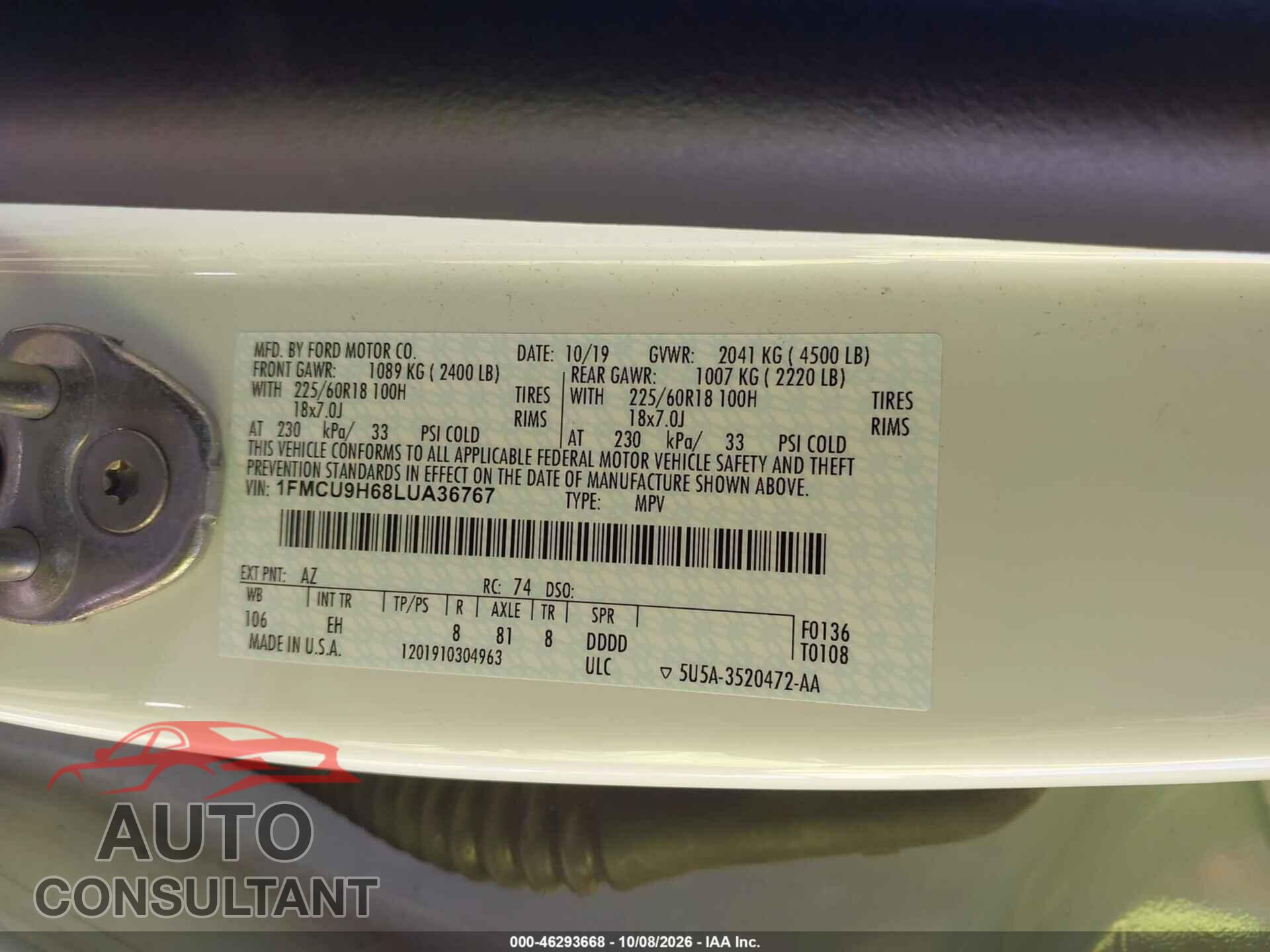 FORD ESCAPE 2020 - 1FMCU9H68LUA36767