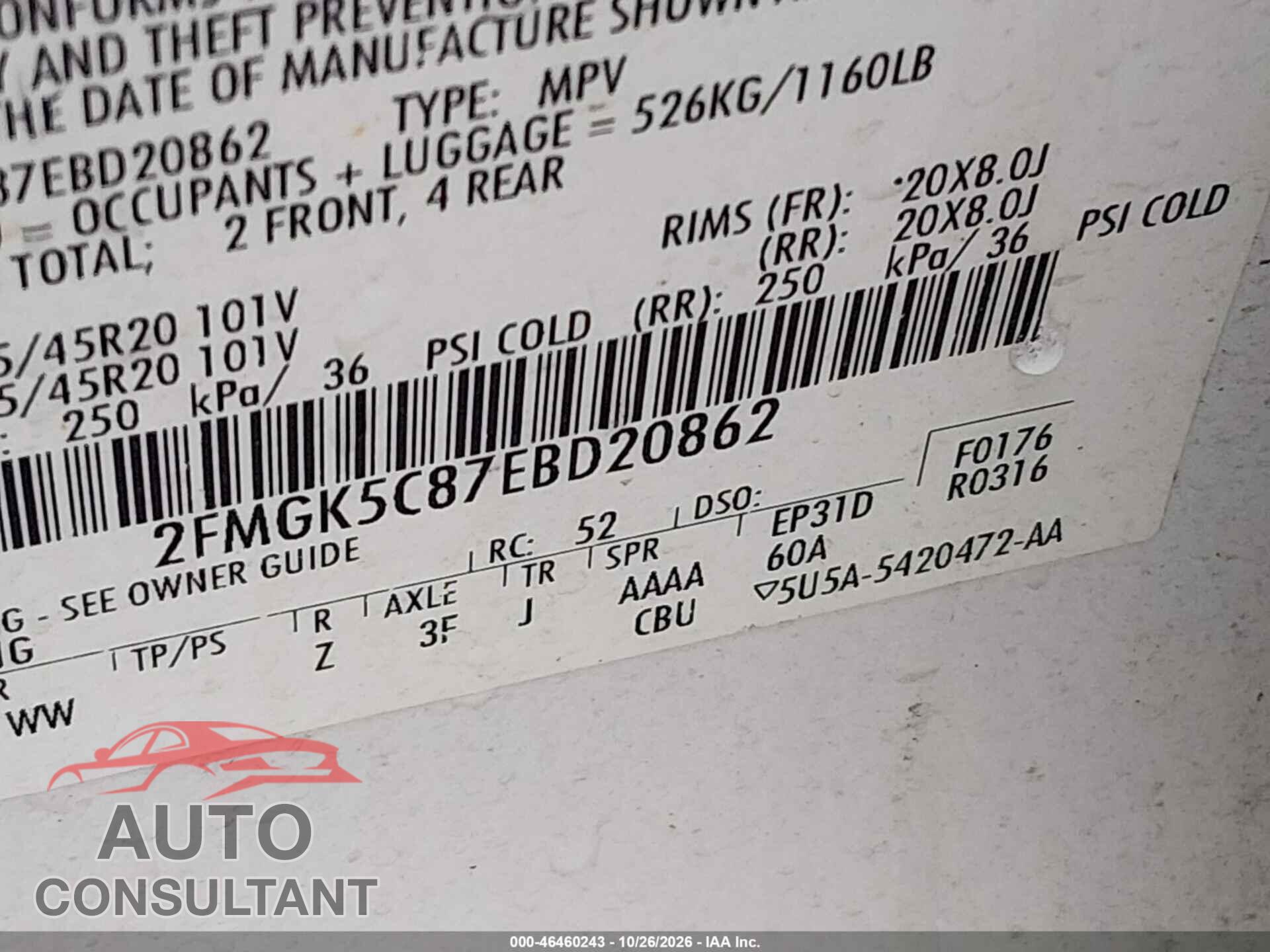 FORD FLEX 2014 - 2FMGK5C87EBD20862