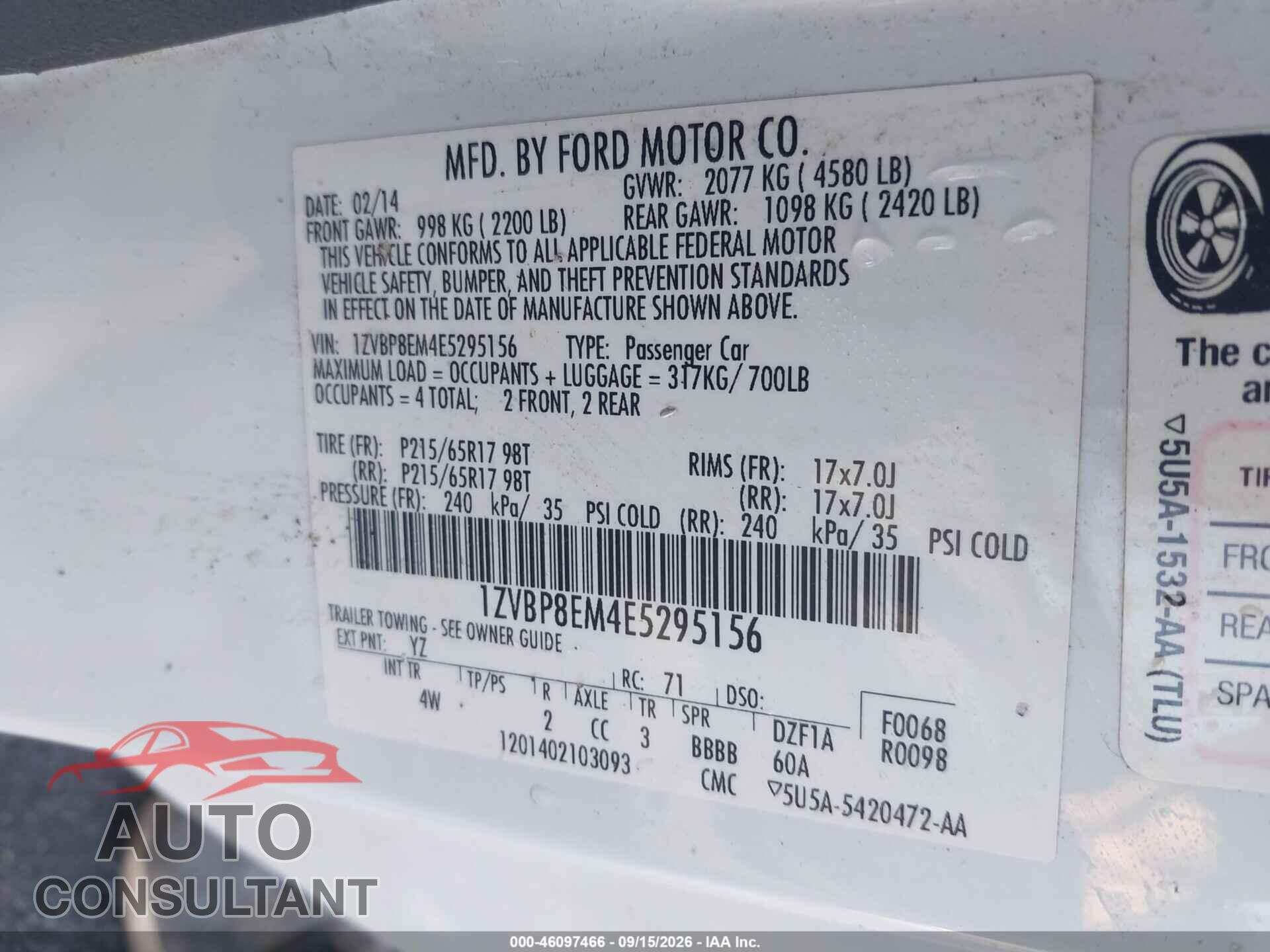 FORD MUSTANG 2014 - 1ZVBP8EM4E5295156