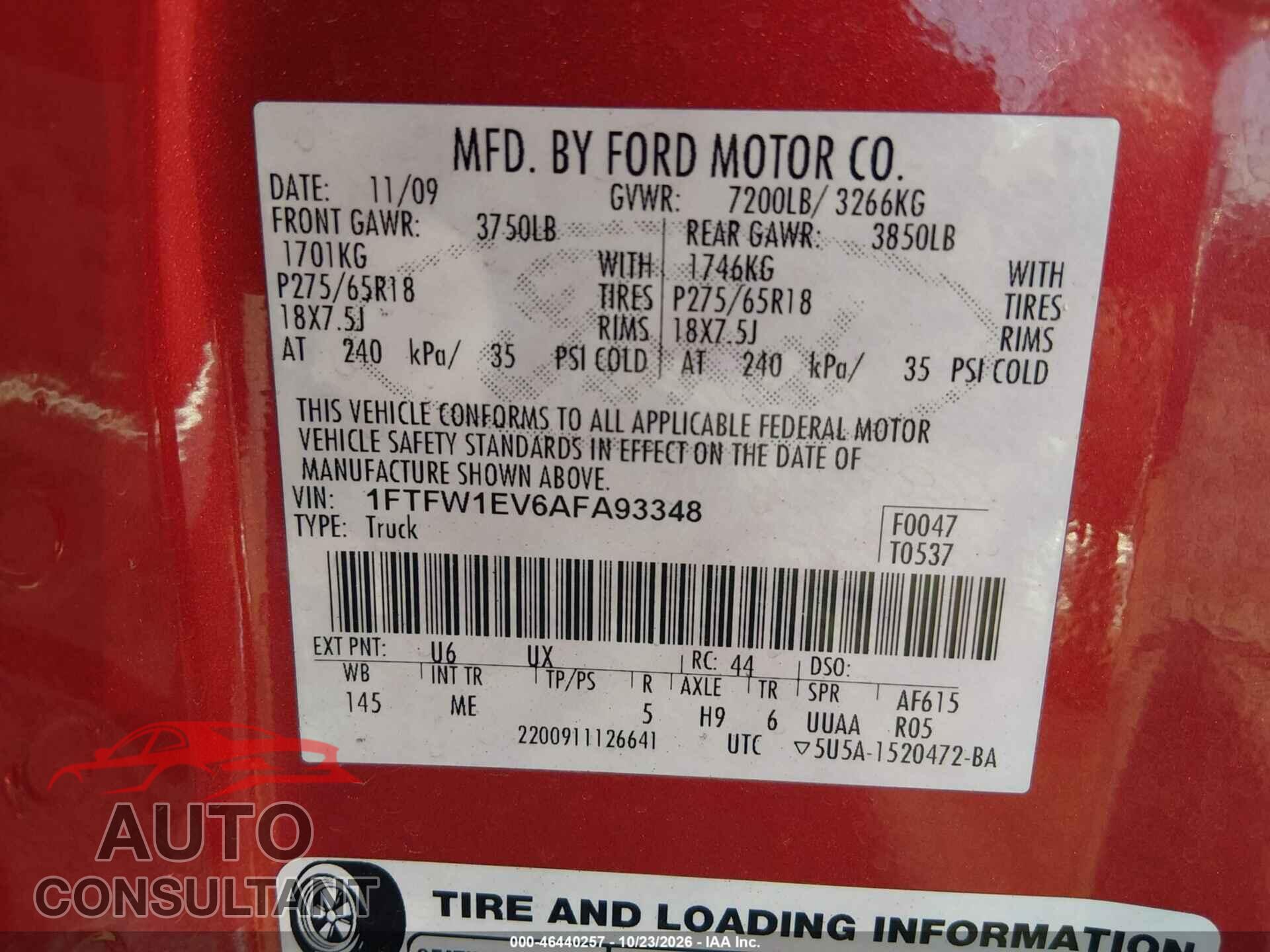 FORD F-150 2010 - 1FTFW1EV6AFA93348