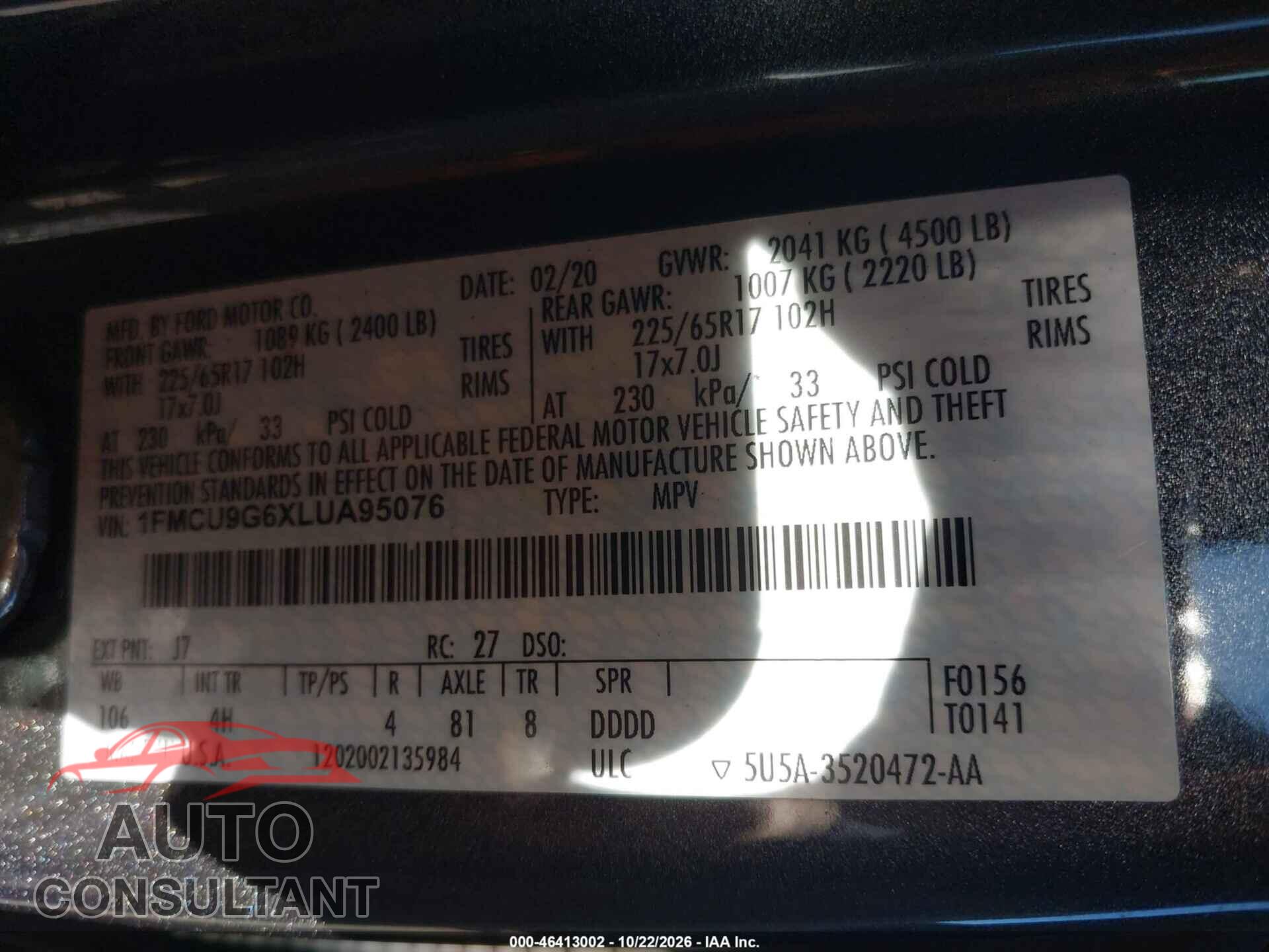 FORD ESCAPE 2020 - 1FMCU9G6XLUA95076