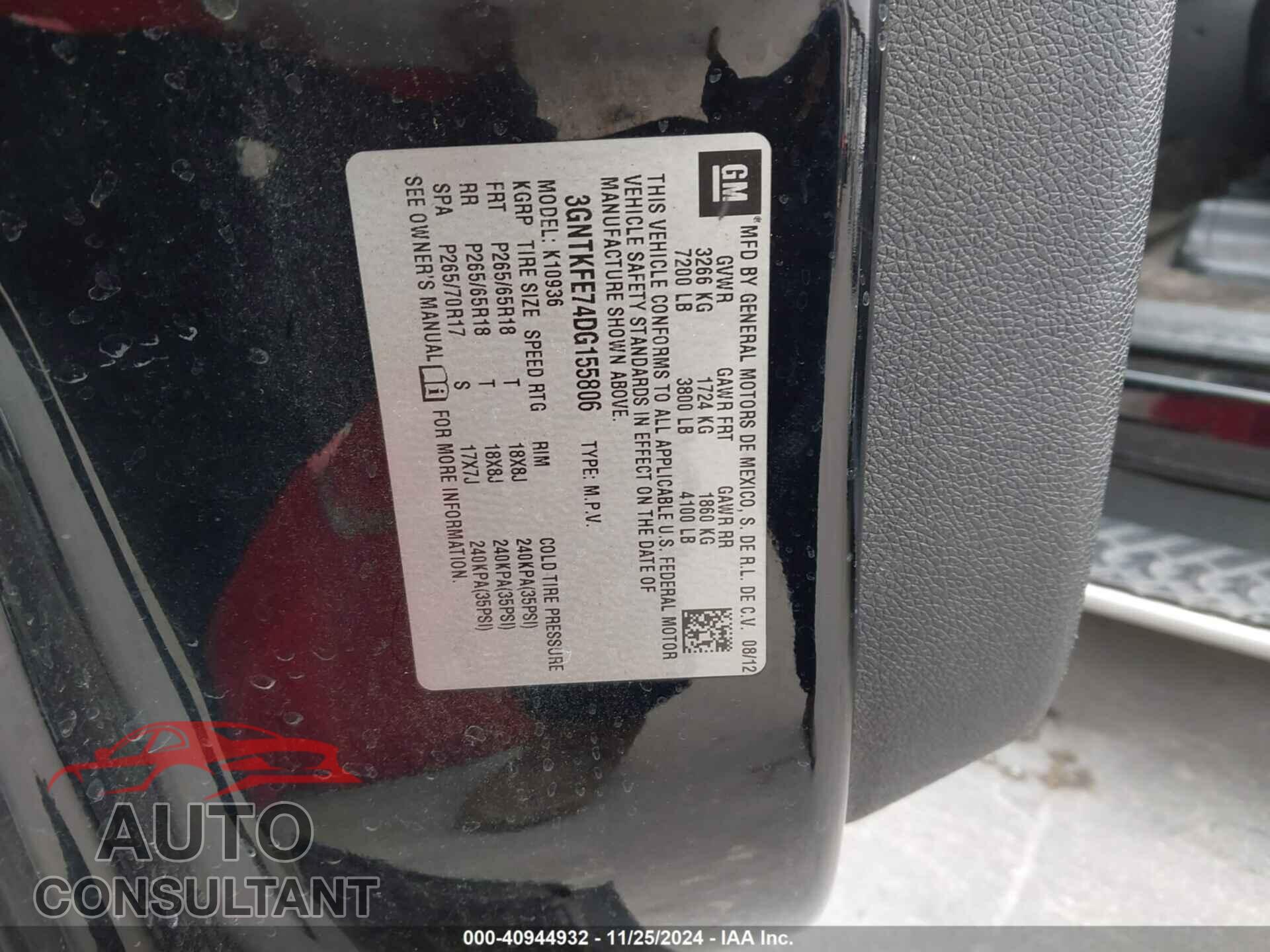 CHEVROLET AVALANCHE 2013 - 3GNTKFE74DG155806