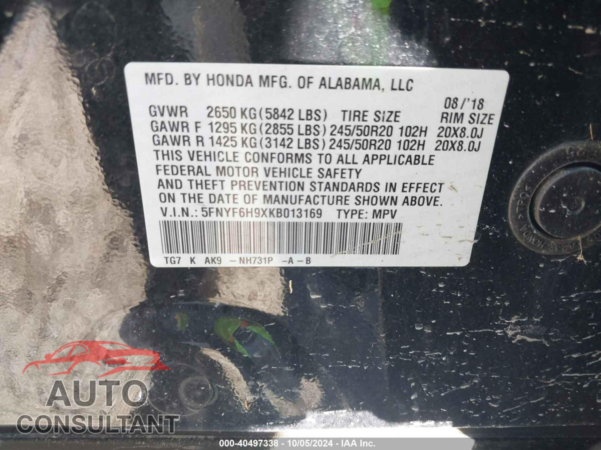 HONDA PILOT 2019 - 5FNYF6H9XKB013169