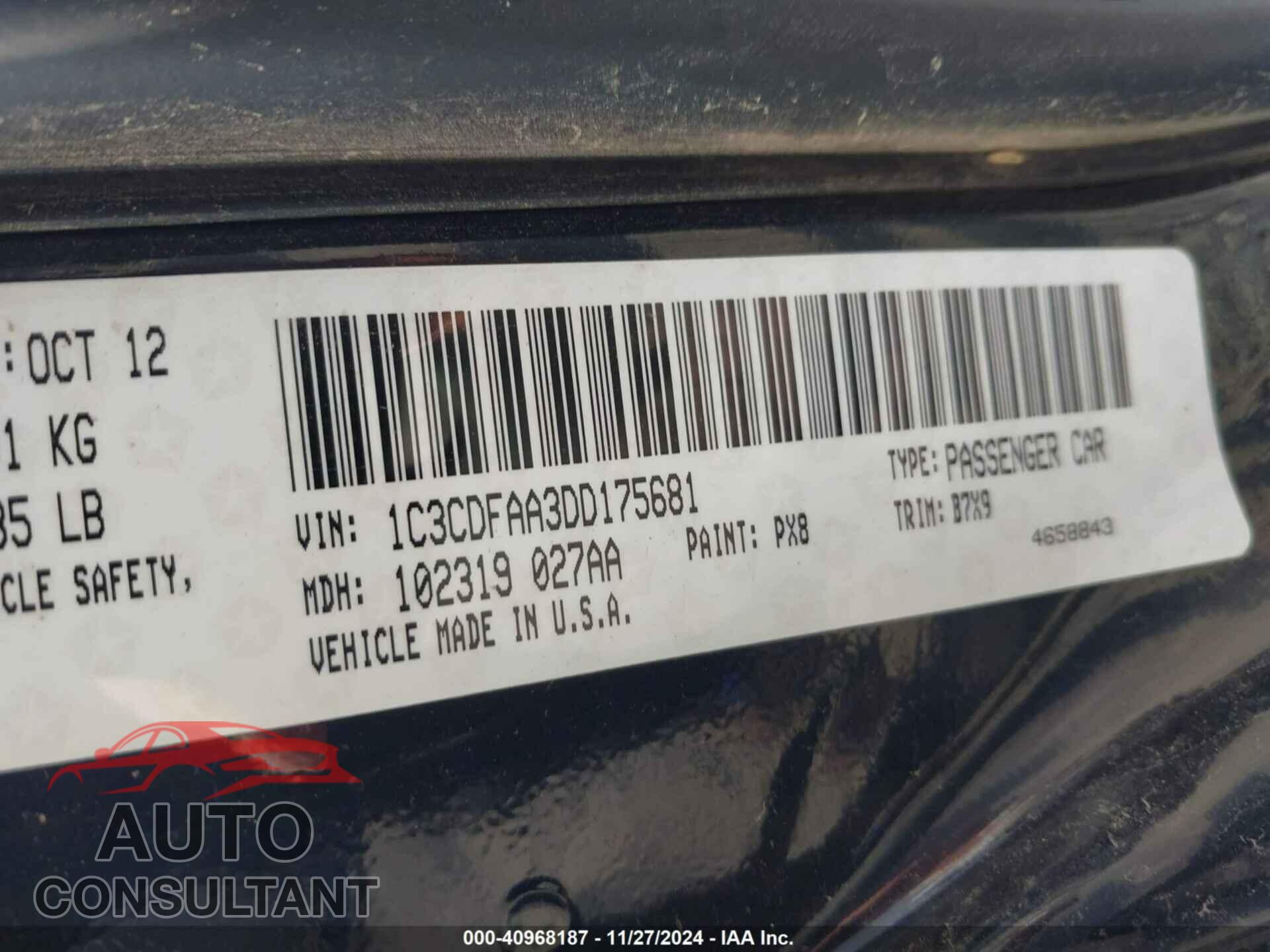 DODGE DART 2013 - 1C3CDFAA3DD175681