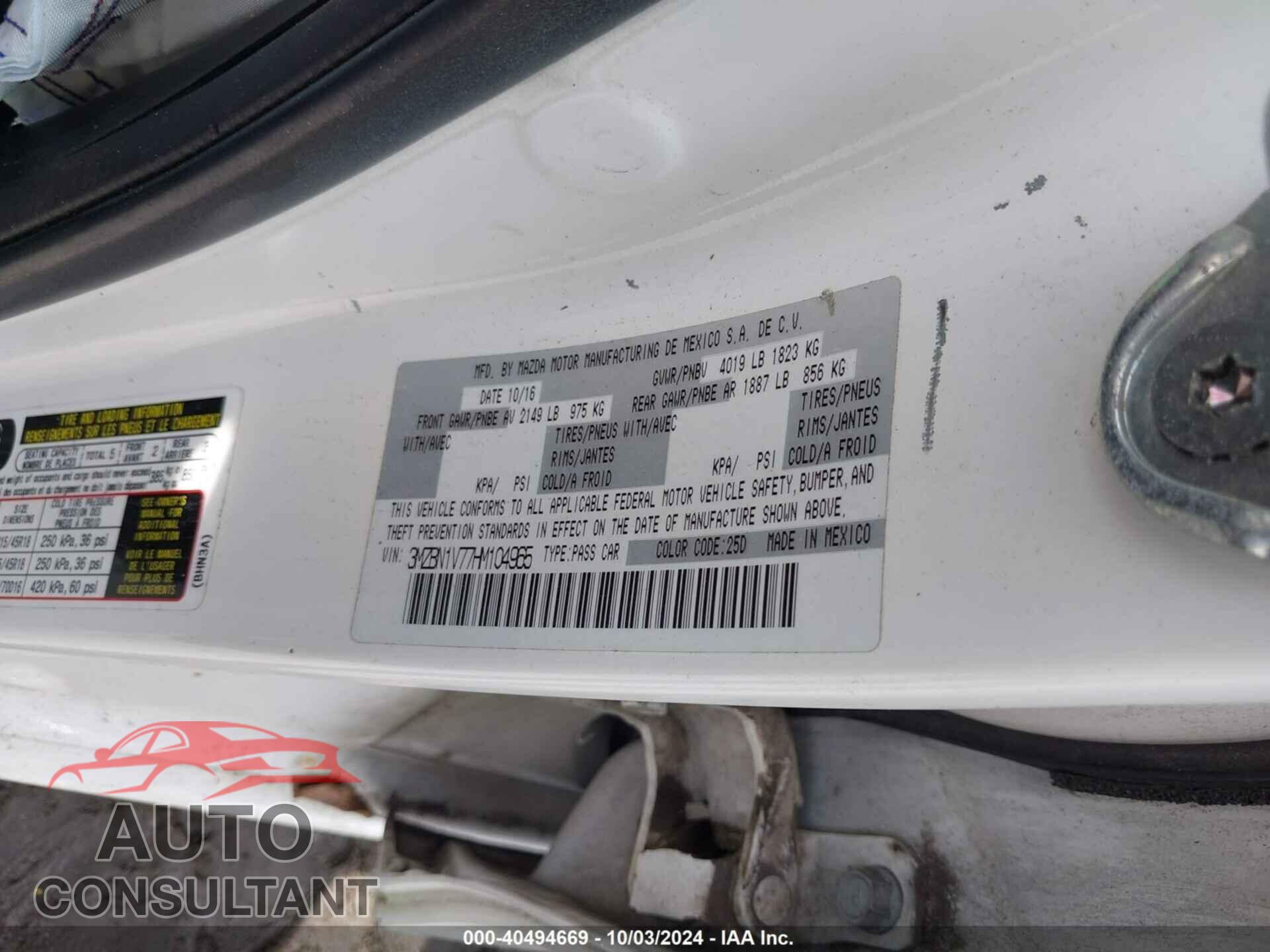 MAZDA MAZDA3 4-DOOR 2017 - 3MZBN1V77HM104965