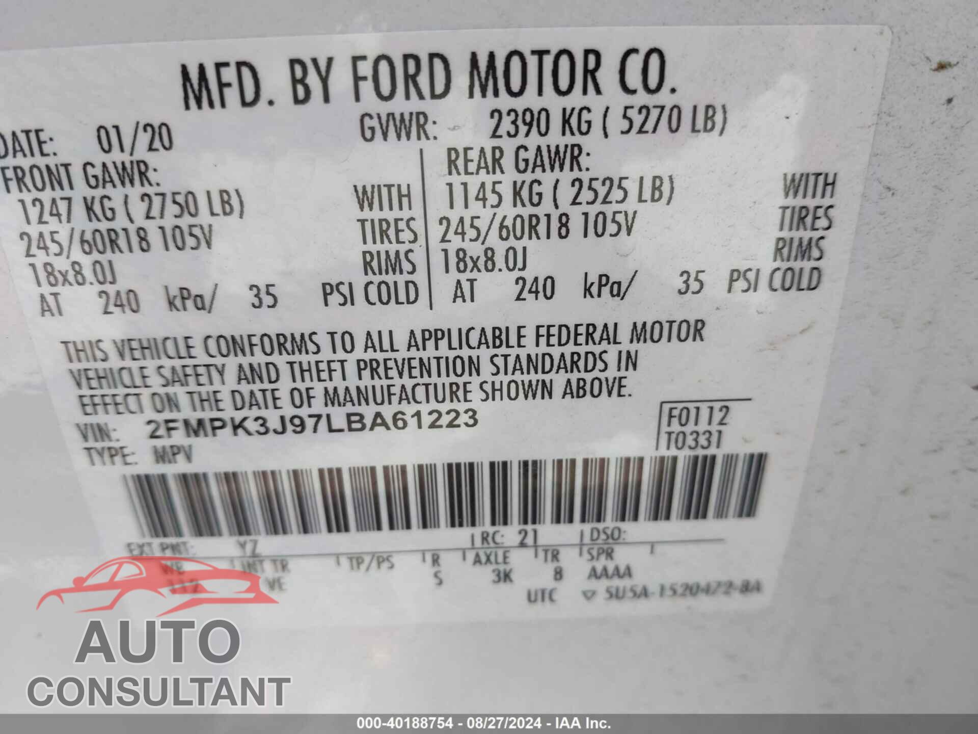 FORD EDGE 2020 - 2FMPK3J97LBA61223