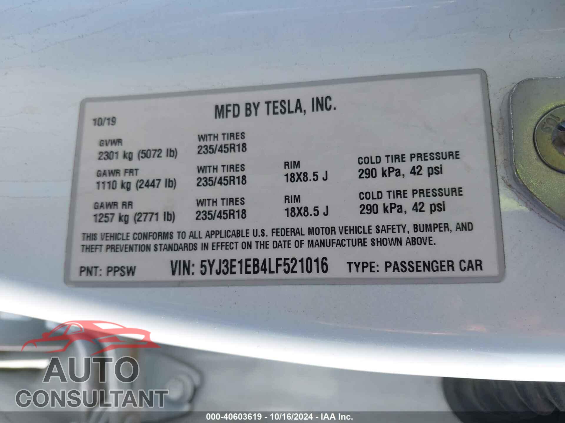TESLA MODEL 3 2020 - 5YJ3E1EB4LF521016