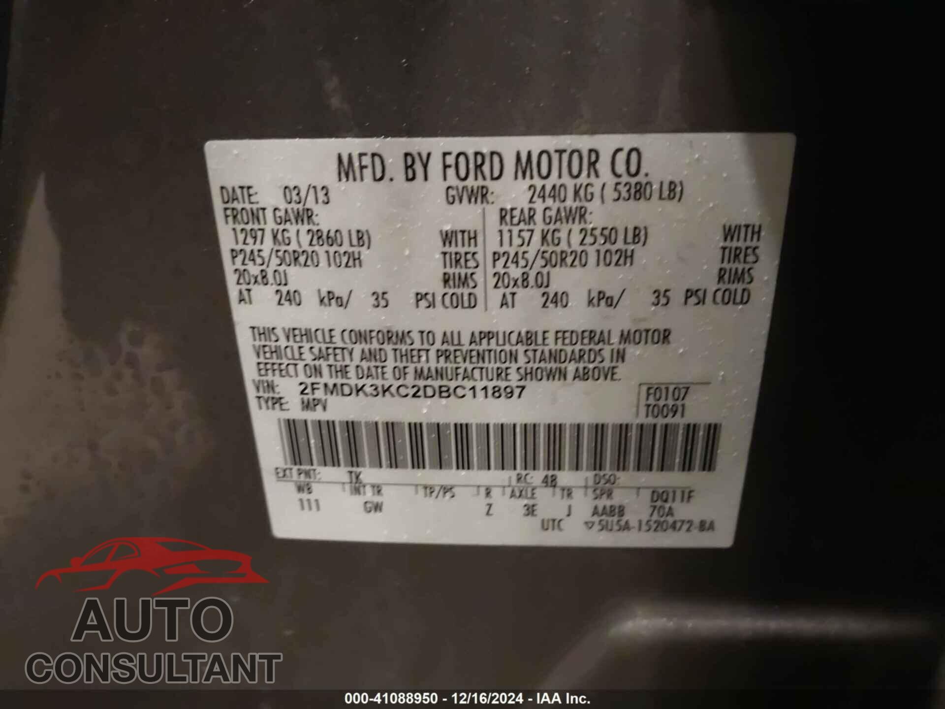 FORD EDGE 2013 - 2FMDK3KC2DBC11897