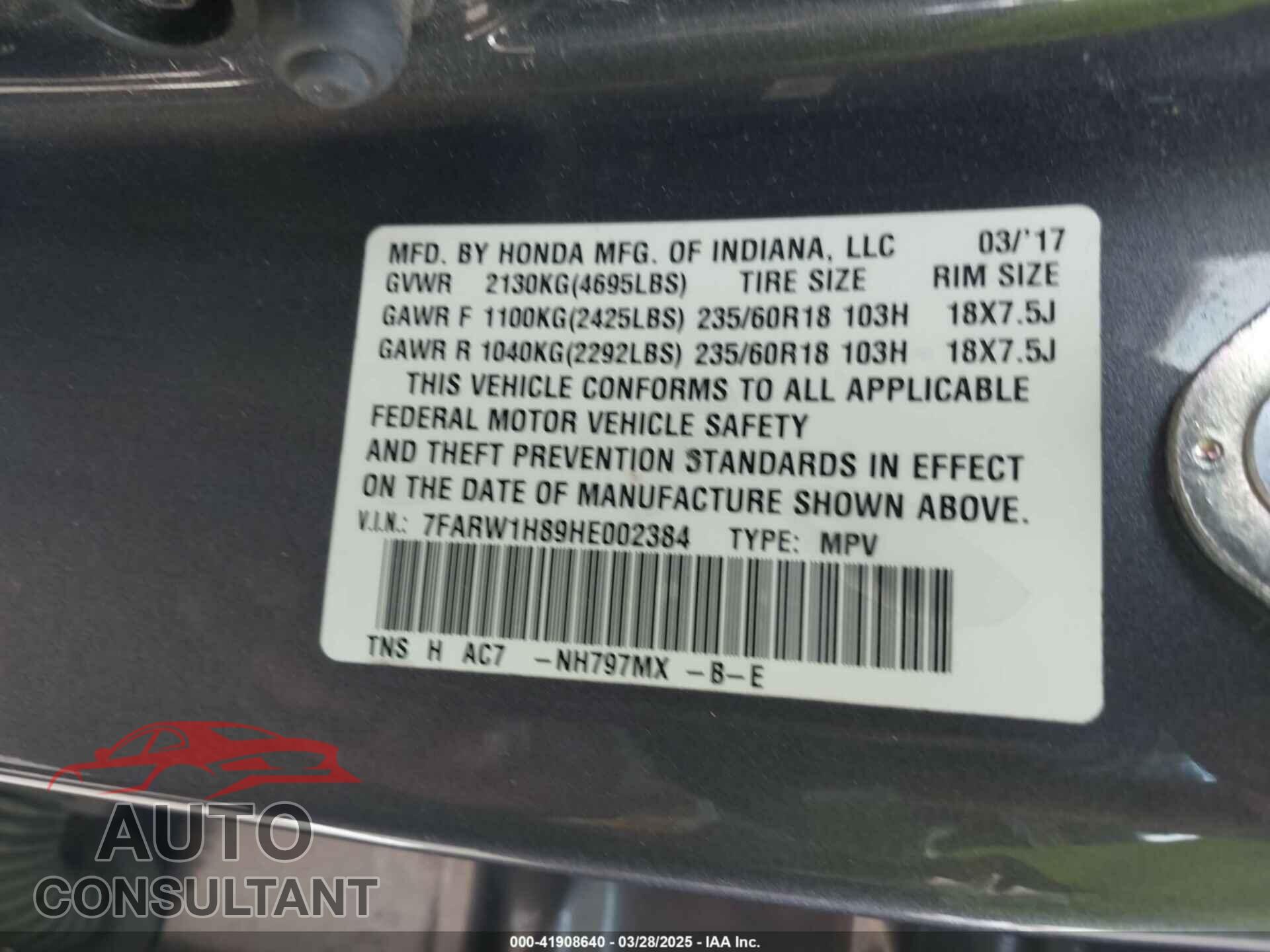 HONDA CR-V 2017 - 7FARW1H89HE002384