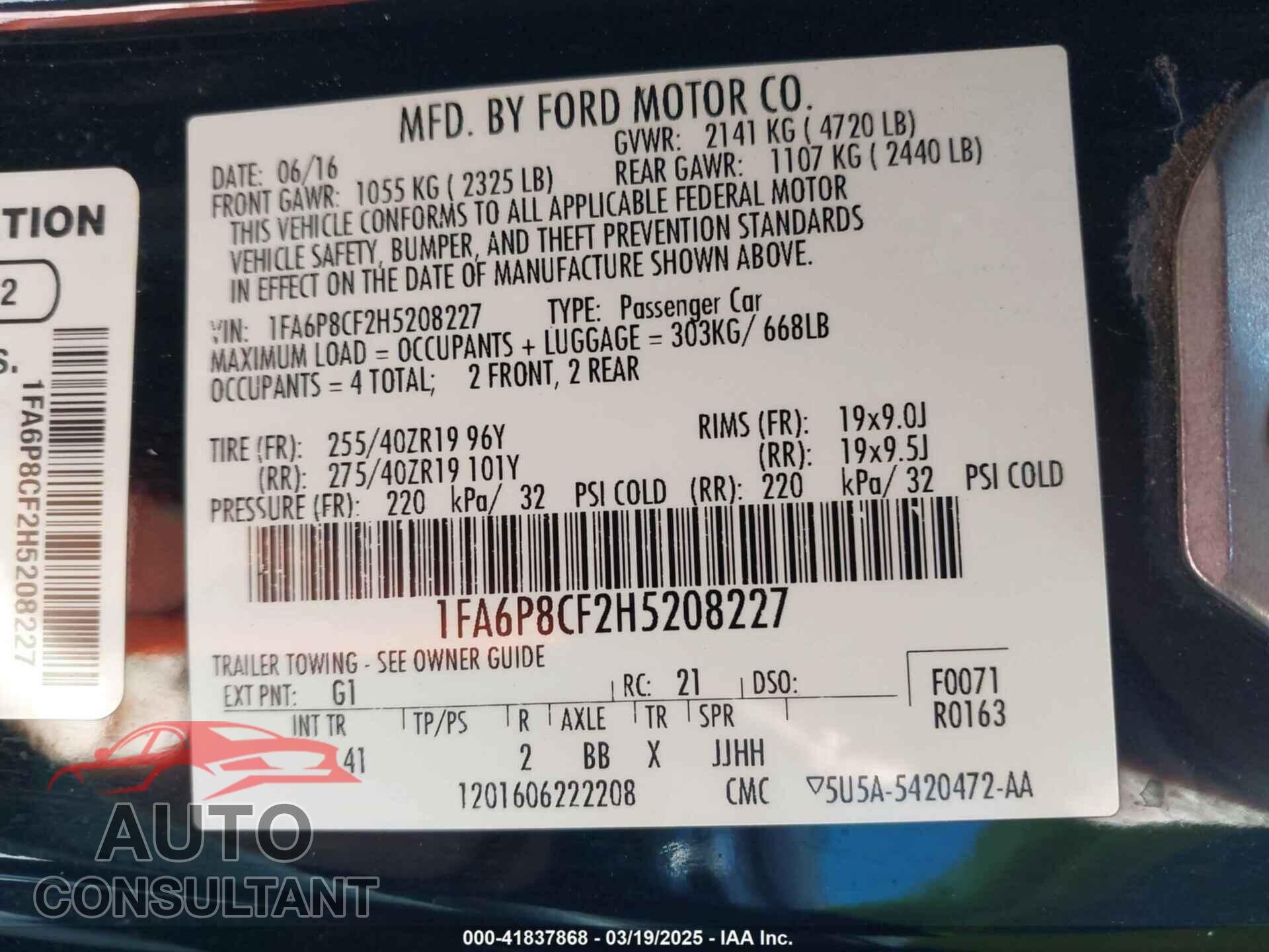 FORD MUSTANG 2017 - 1FA6P8CF2H5208227