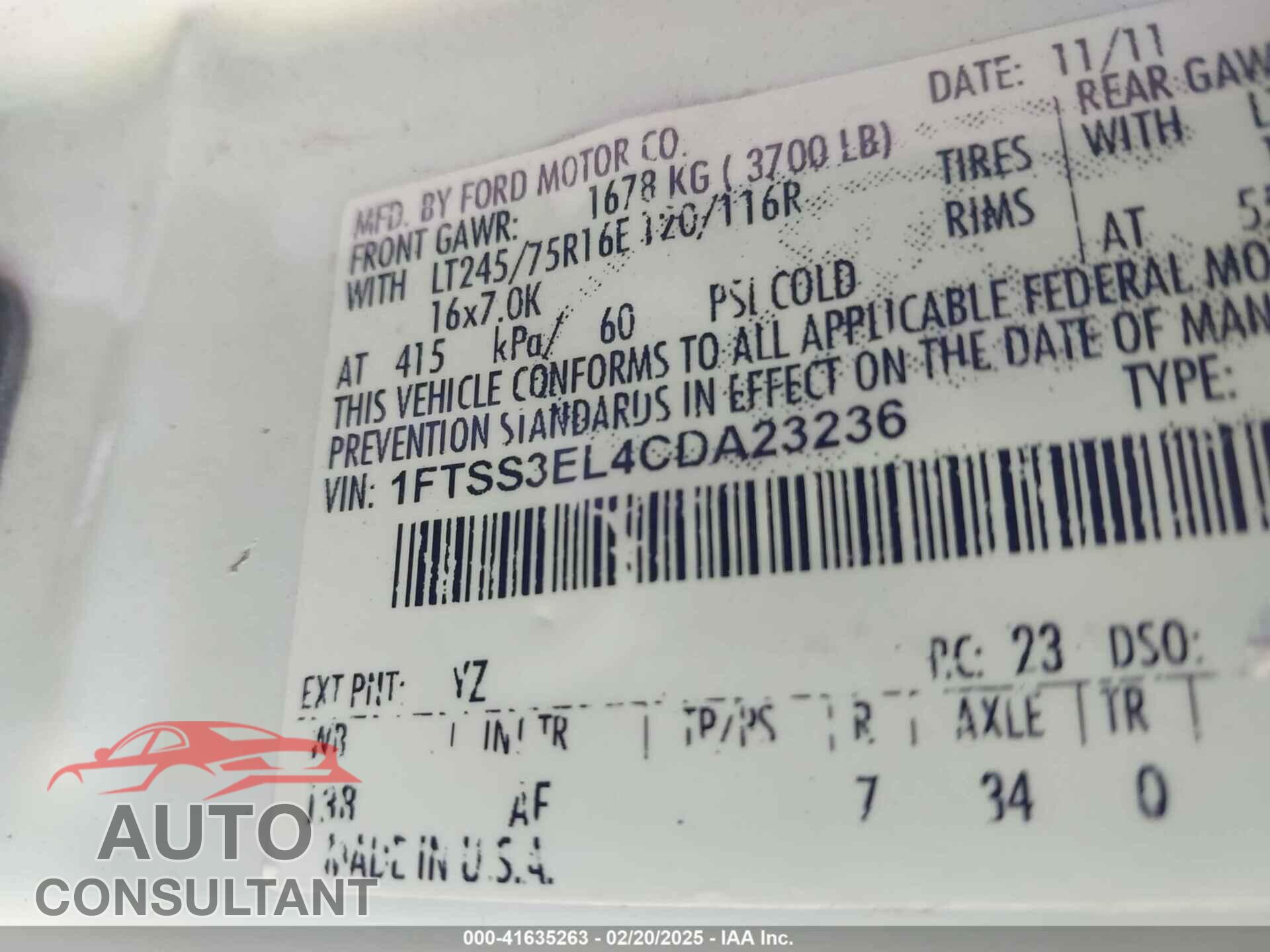 FORD E-350 SUPER DUTY 2012 - 1FTSS3EL4CDA23236