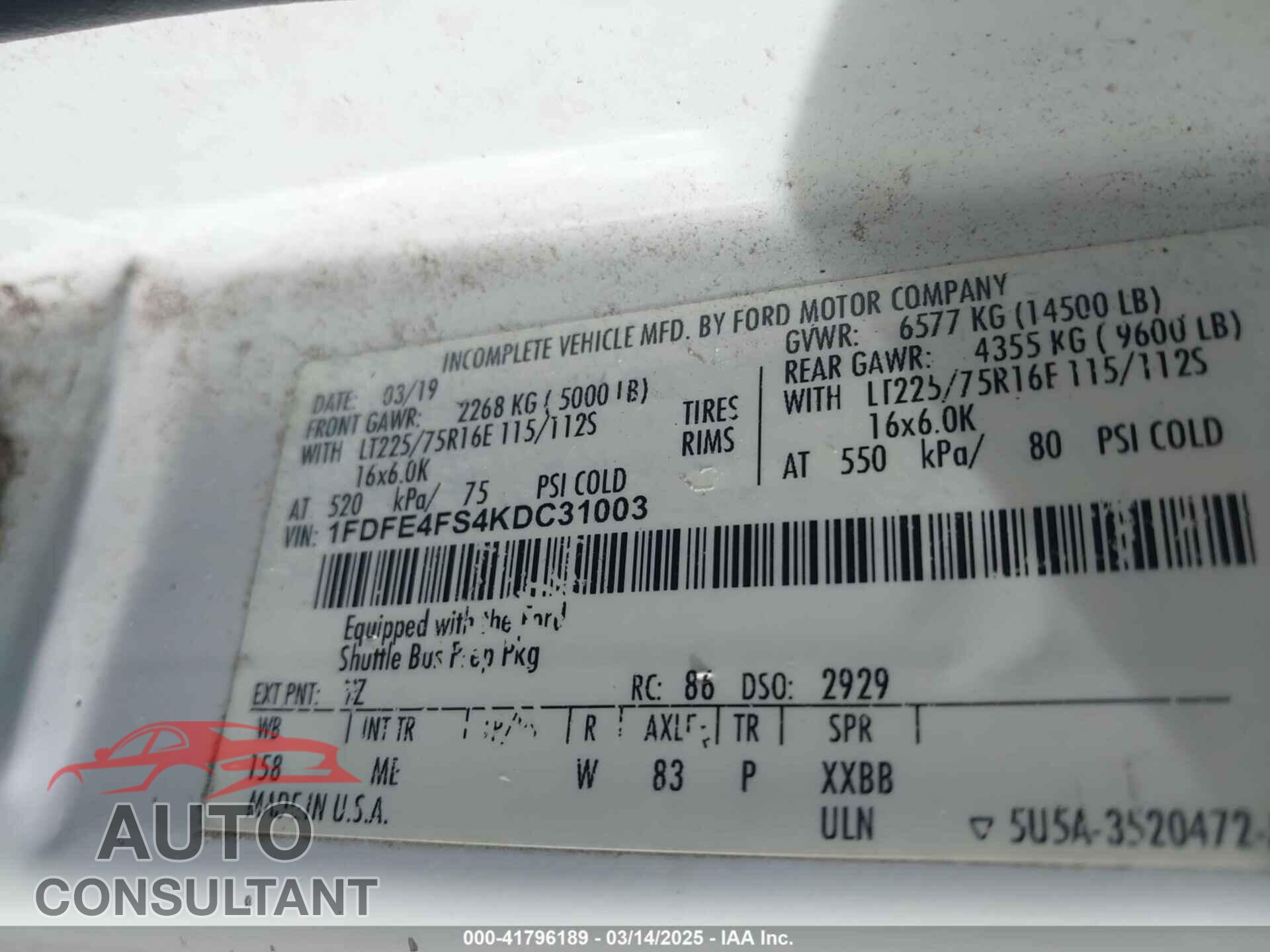 FORD E-450 CUTAWAY 2019 - 1FDFE4FS4KDC31003