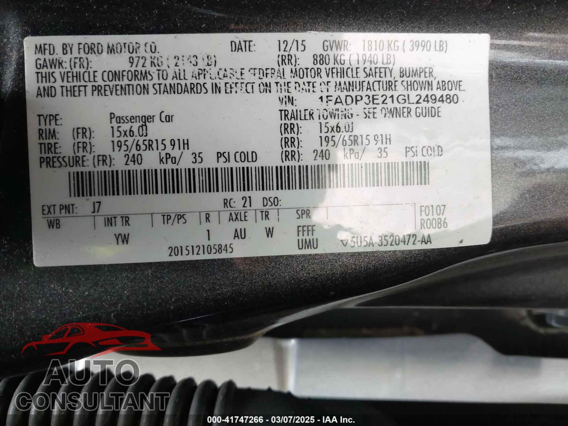 FORD FOCUS 2016 - 1FADP3E21GL249480
