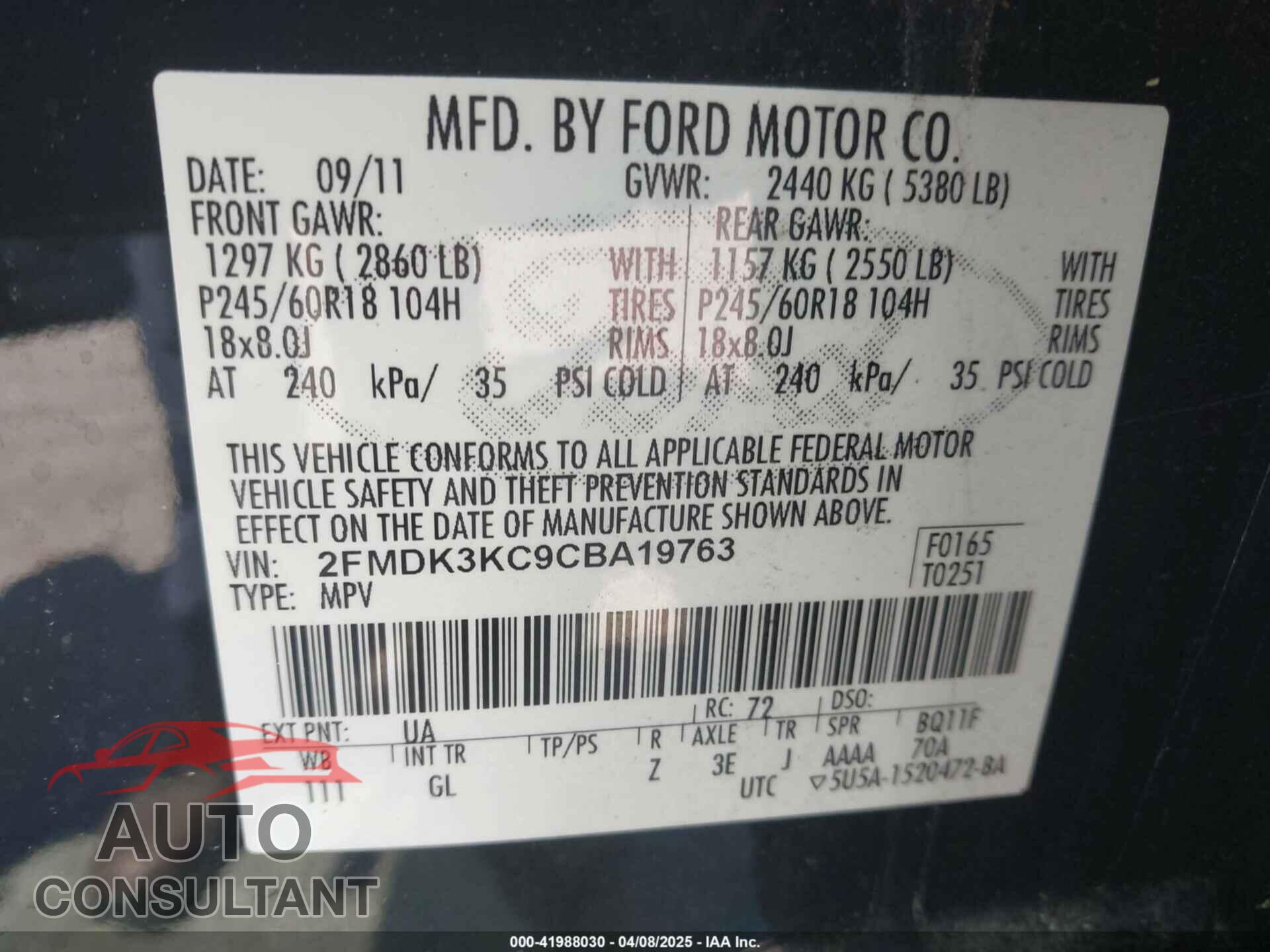 FORD EDGE 2012 - 2FMDK3KC9CBA19763