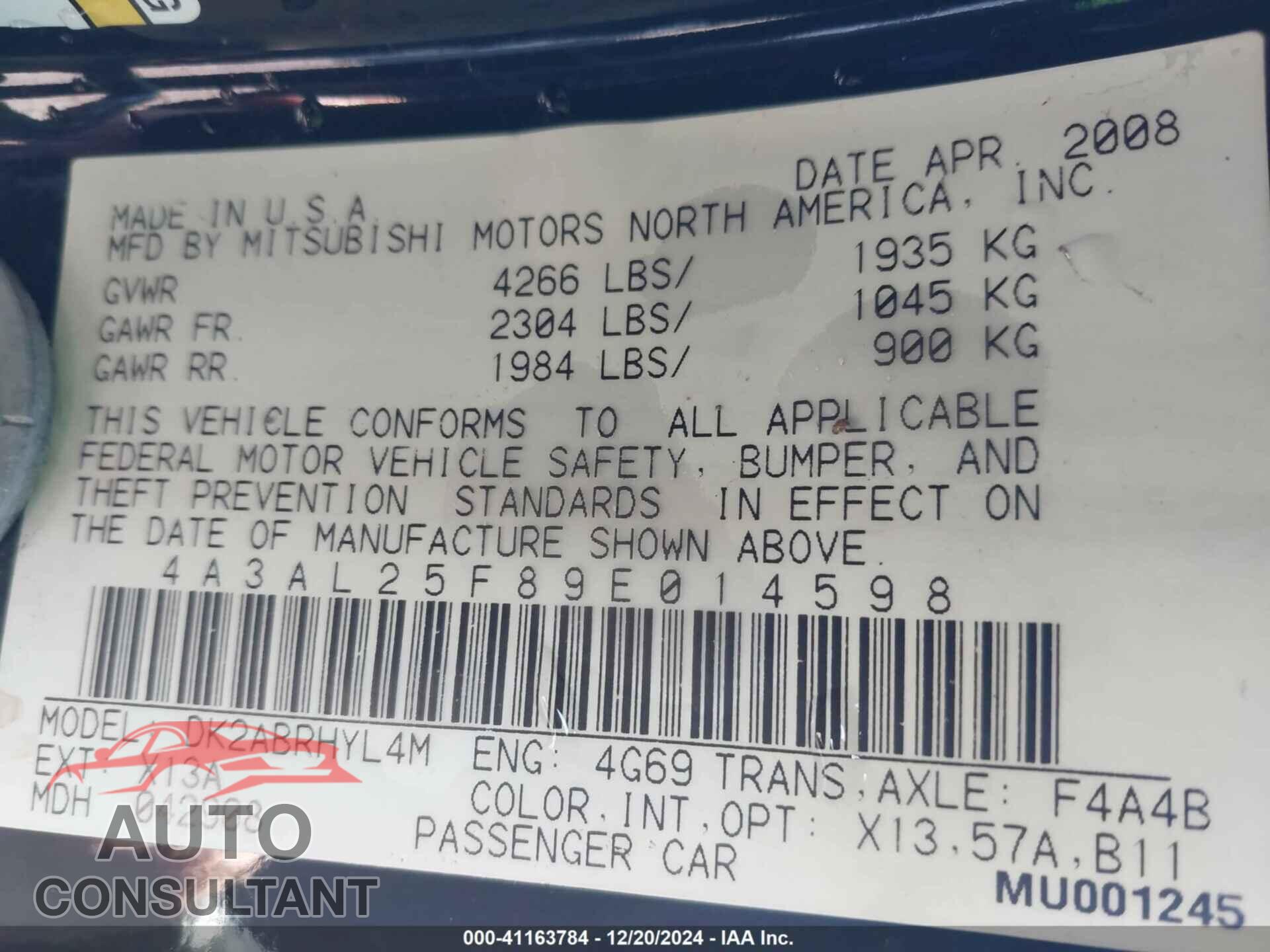 MITSUBISHI ECLIPSE SPYDER 2009 - 4A3AL25F89E014598