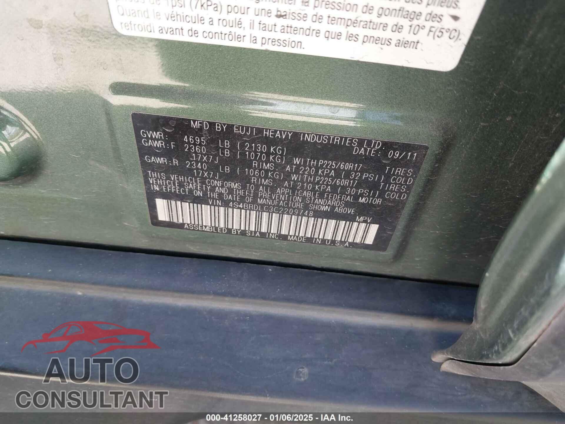 SUBARU OUTBACK 2012 - 4S4BRDLC3C2209748
