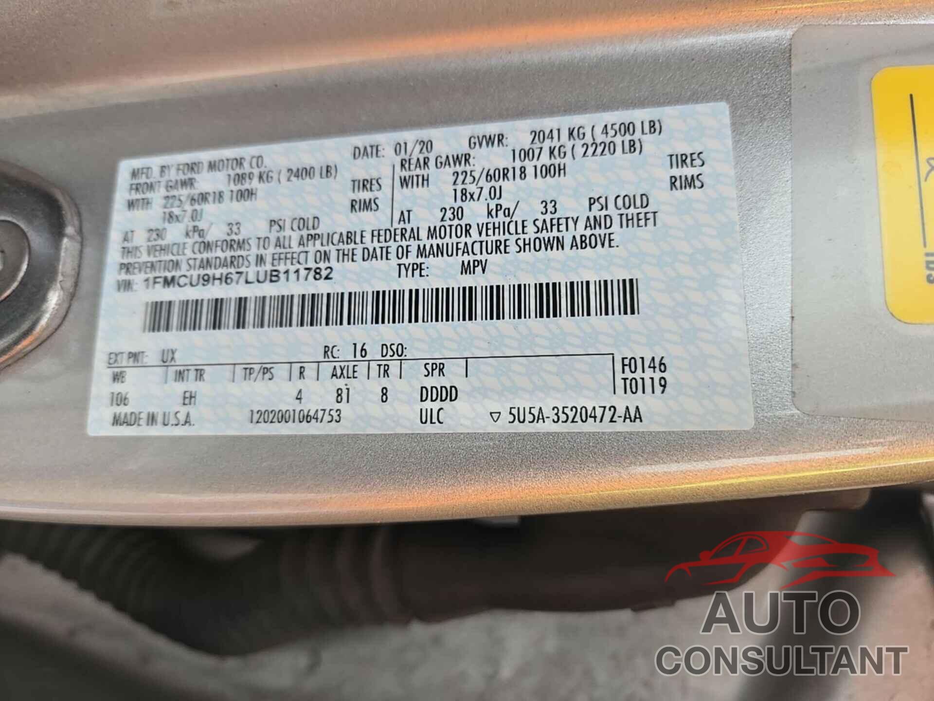 FORD ESCAPE 2020 - 1FMCU9H67LUB11782
