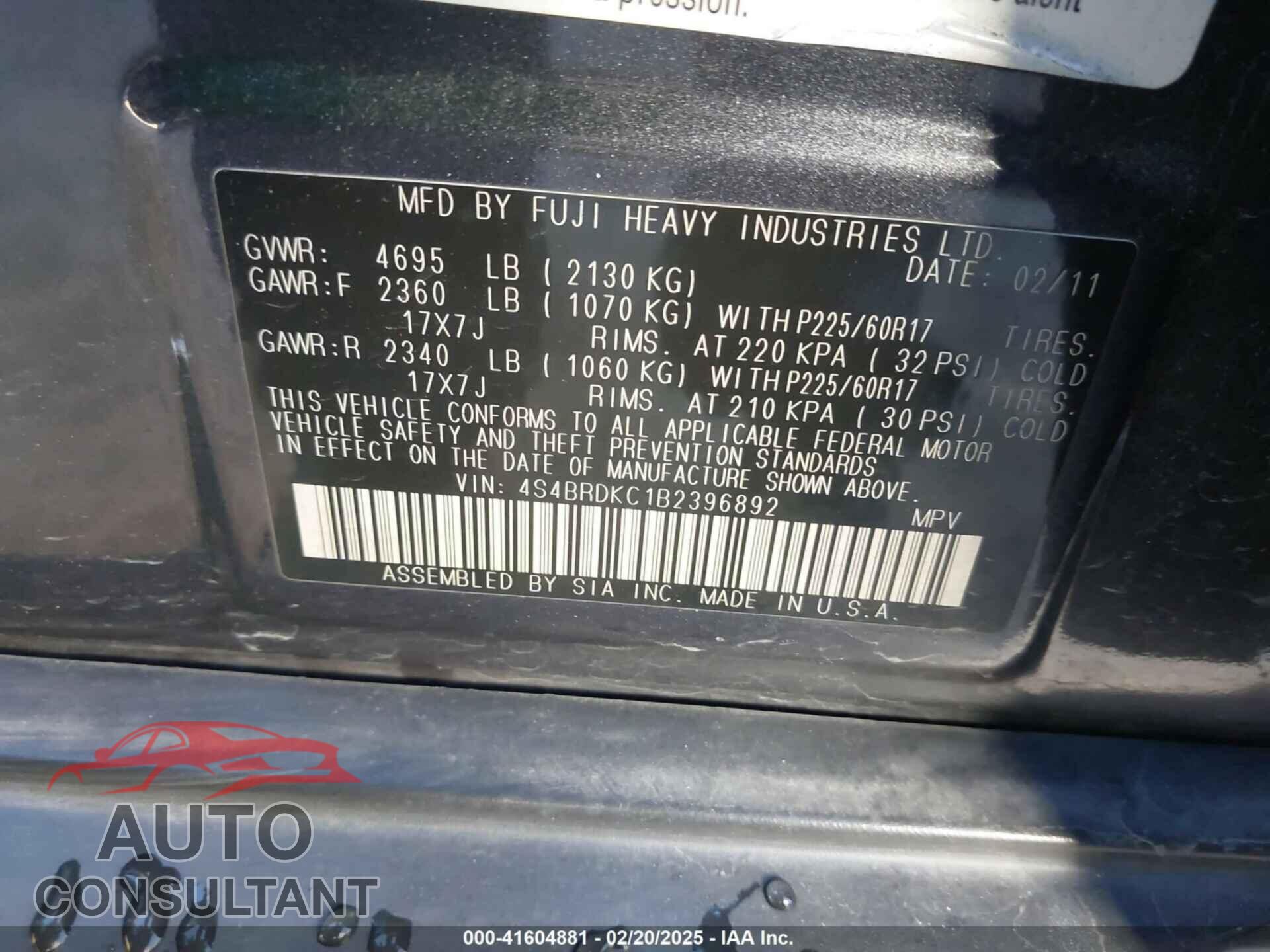 SUBARU OUTBACK 2011 - 4S4BRDKC1B2396892