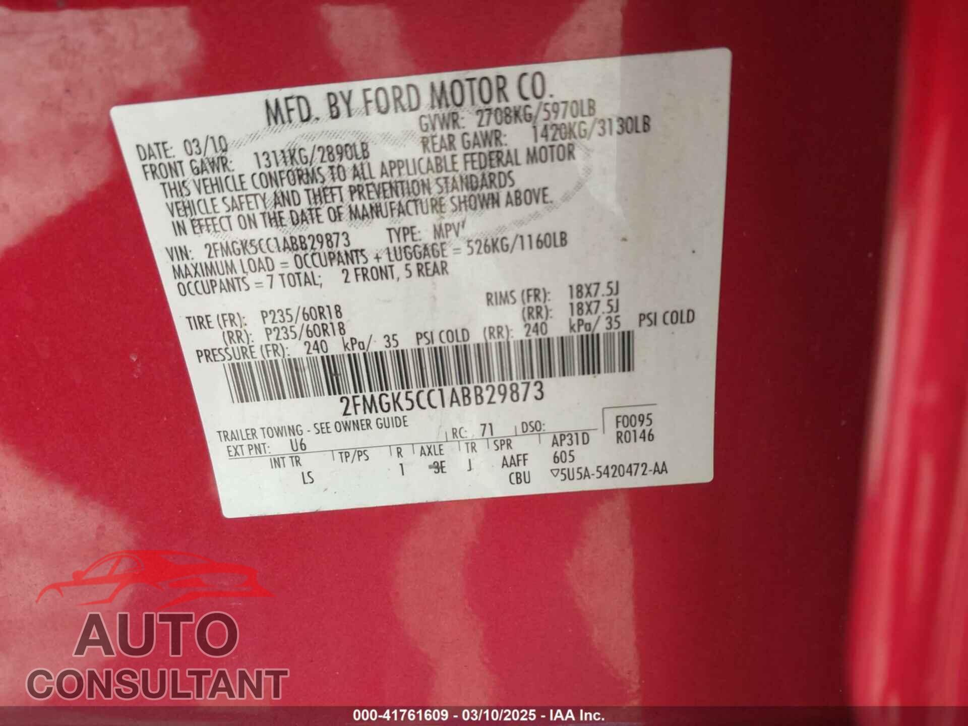 FORD FLEX 2010 - 2FMGK5CC1ABB29873