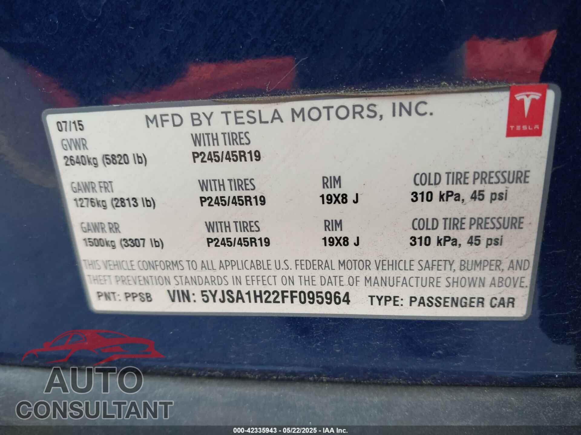 TESLA MODEL S 2015 - 5YJSA1H22FF095964
