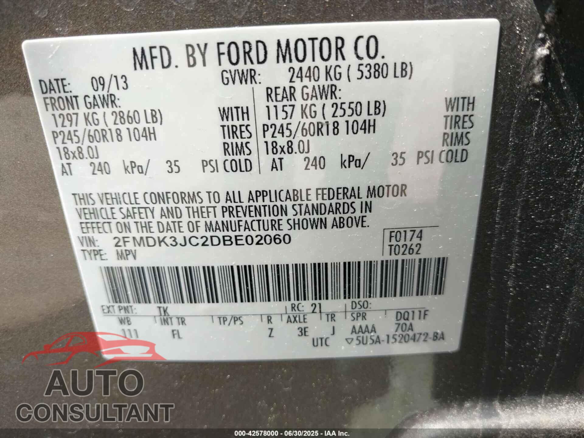 FORD EDGE 2013 - 2FMDK3JC2DBE02060