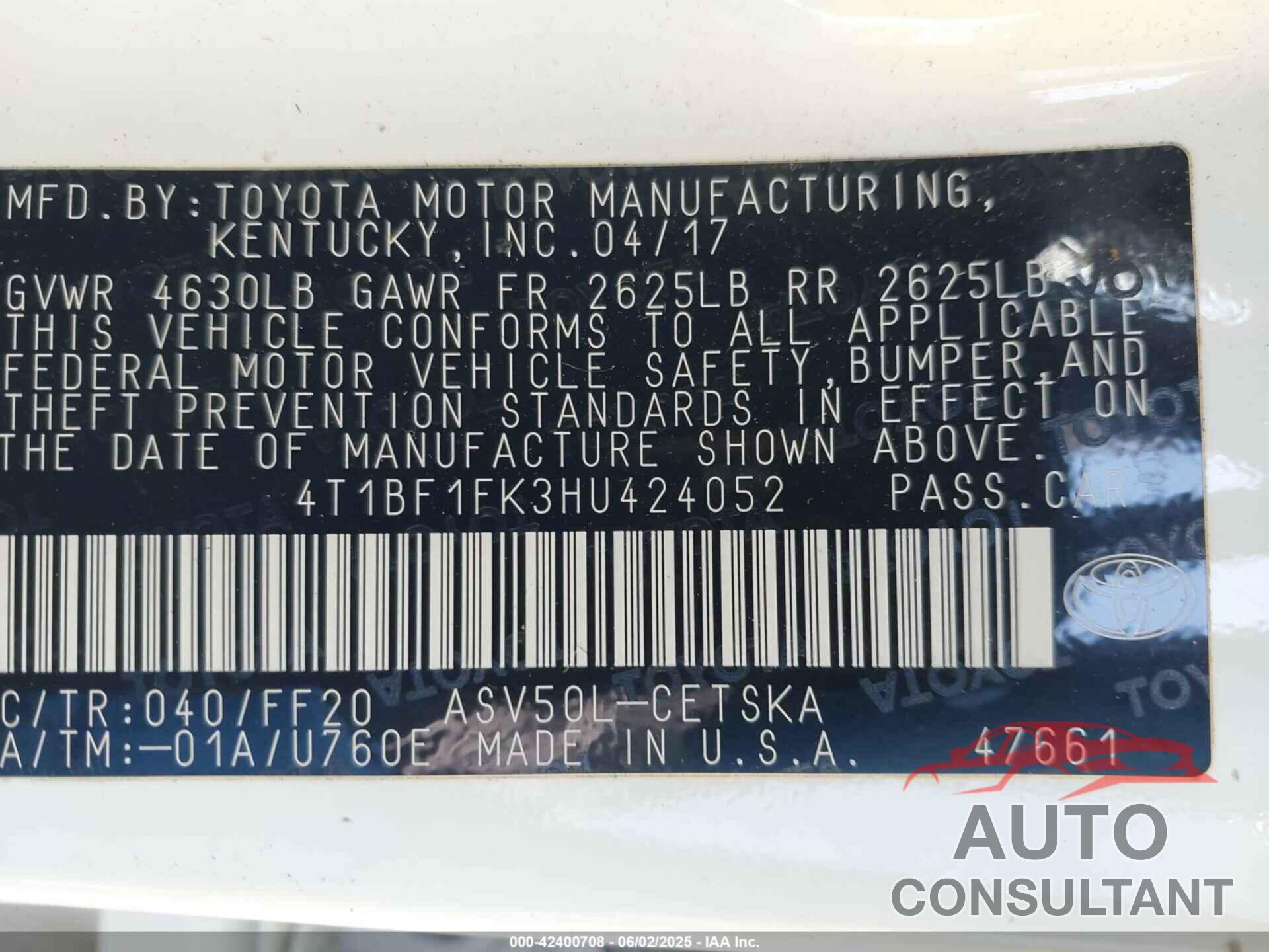 TOYOTA CAMRY 2017 - 4T1BF1FK3HU424052