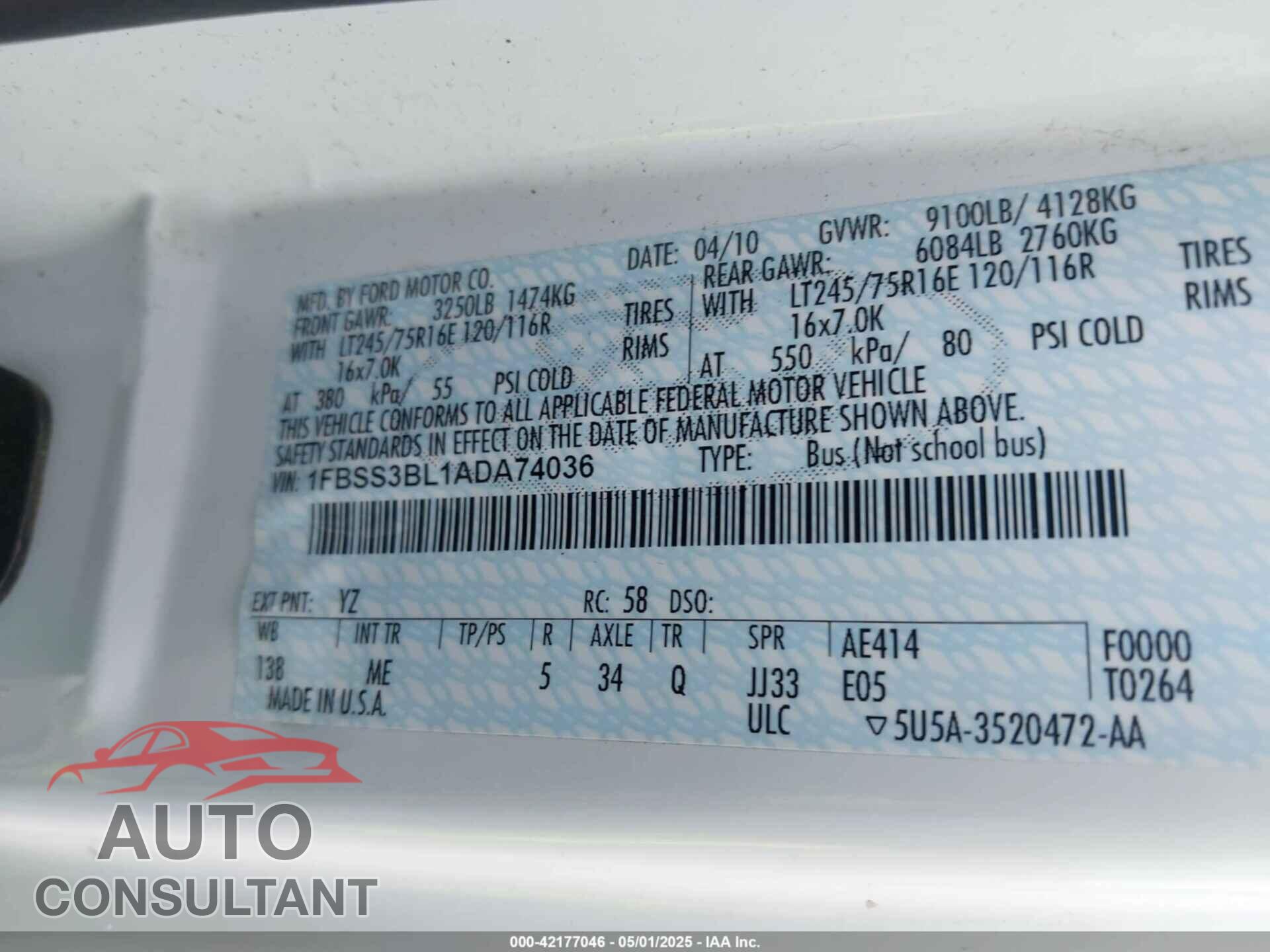 FORD E-350 SUPER DUTY 2010 - 1FBSS3BL1ADA74036