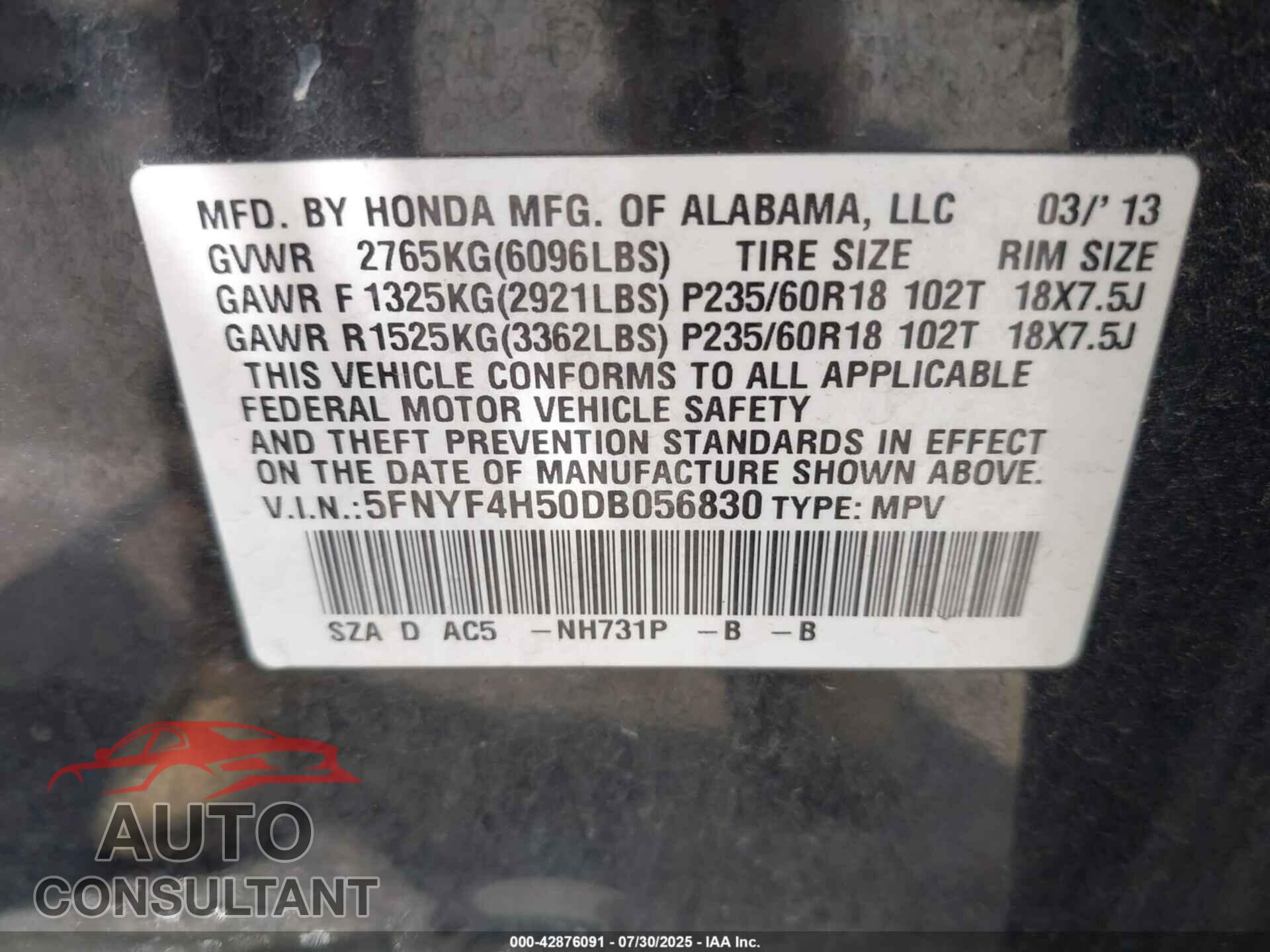HONDA PILOT 2013 - 5FNYF4H50DB056830